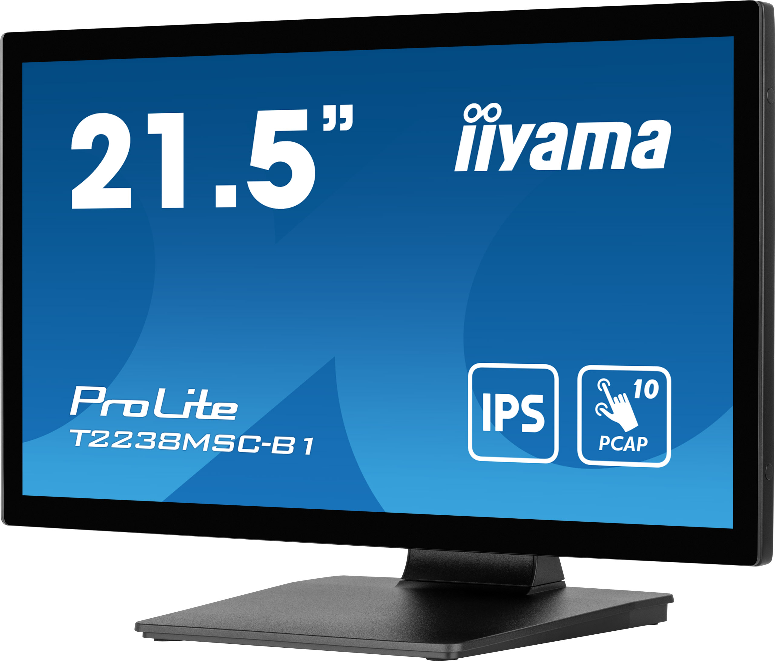 Ein schwarzer iiyama-Monitor mit blauem Bildschirm, der Produktdetails anzeigt. Text beinhaltet '21,5 Zoll', 'ProLite' und 'IPS'.