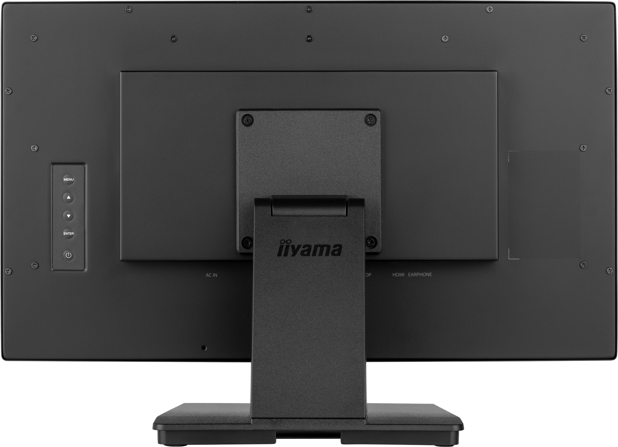 Rückseite eines schwarzen Monitors mit Ständer und Knöpfen auf der linken Seite. Die Marke ist iiyama.
