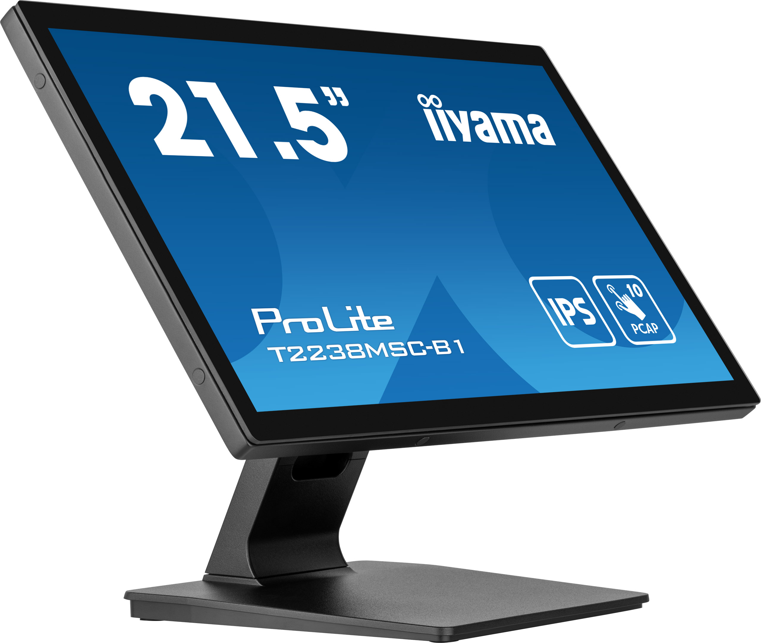 Ein schwarzer Computermonitor mit blauem Display. Der Bildschirm zeigt den Markennamen und Modelldetails. Er wird von einem Ständer getragen.