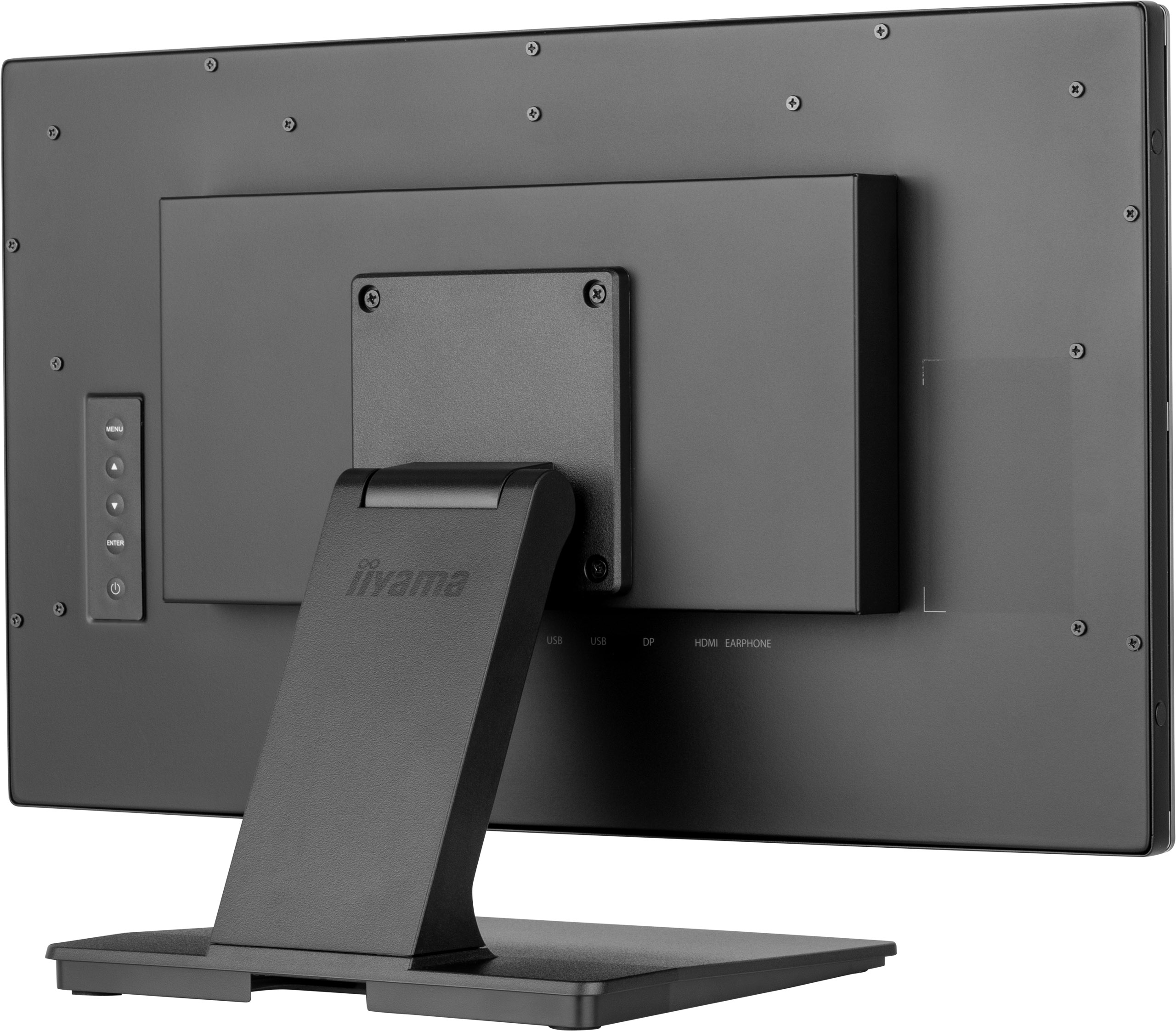 Rückansicht eines schwarzen Computermonitors. Er hat einen Ständer, Knöpfe und Anschlüsse für USB, DP, HDMI und Kopfhörer.