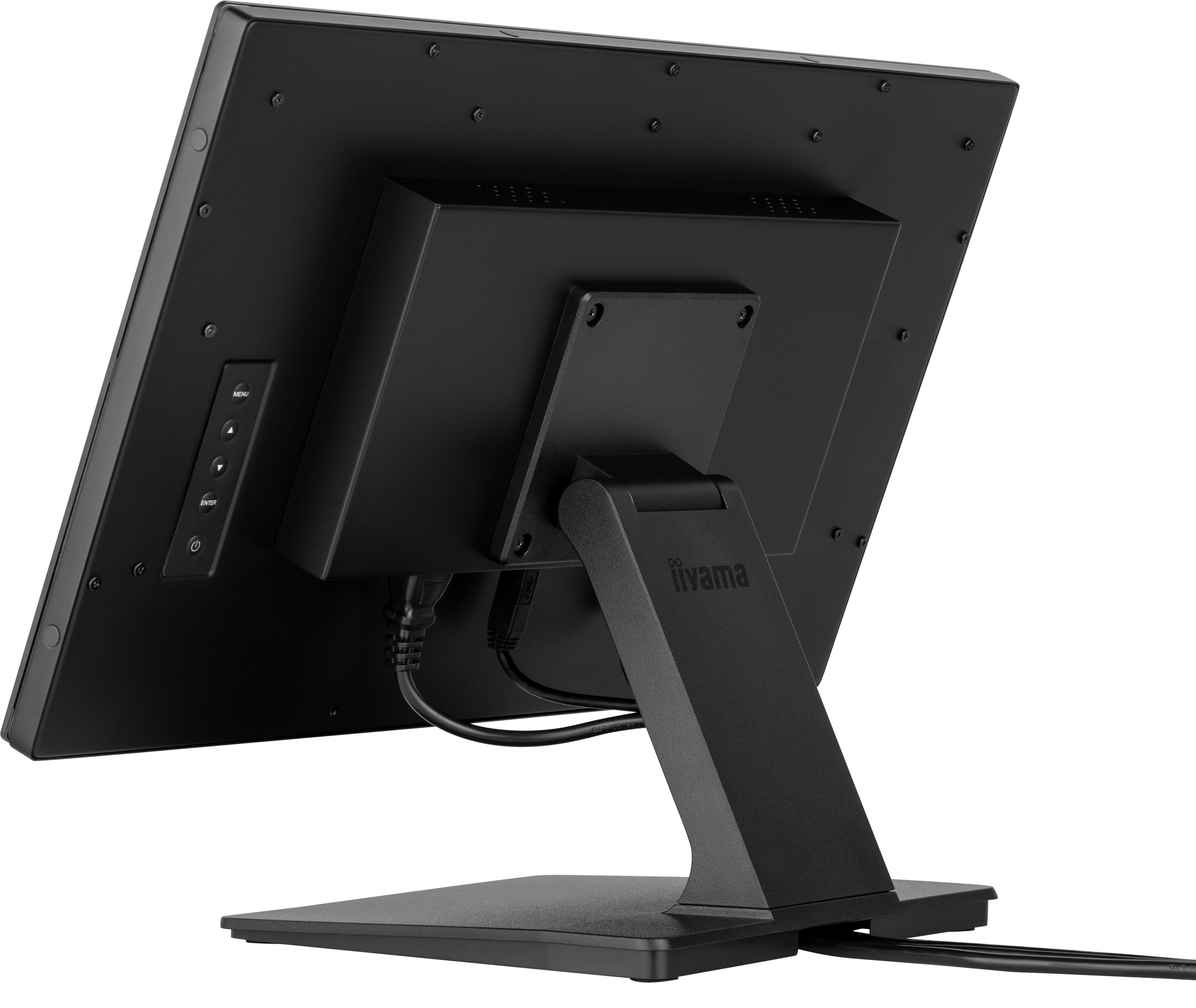 Rückansicht eines schwarzen iiyama-Touchscreen-Monitors. Der Monitor steht auf einem Ständer und zeigt Knöpfe und Anschlüsse.