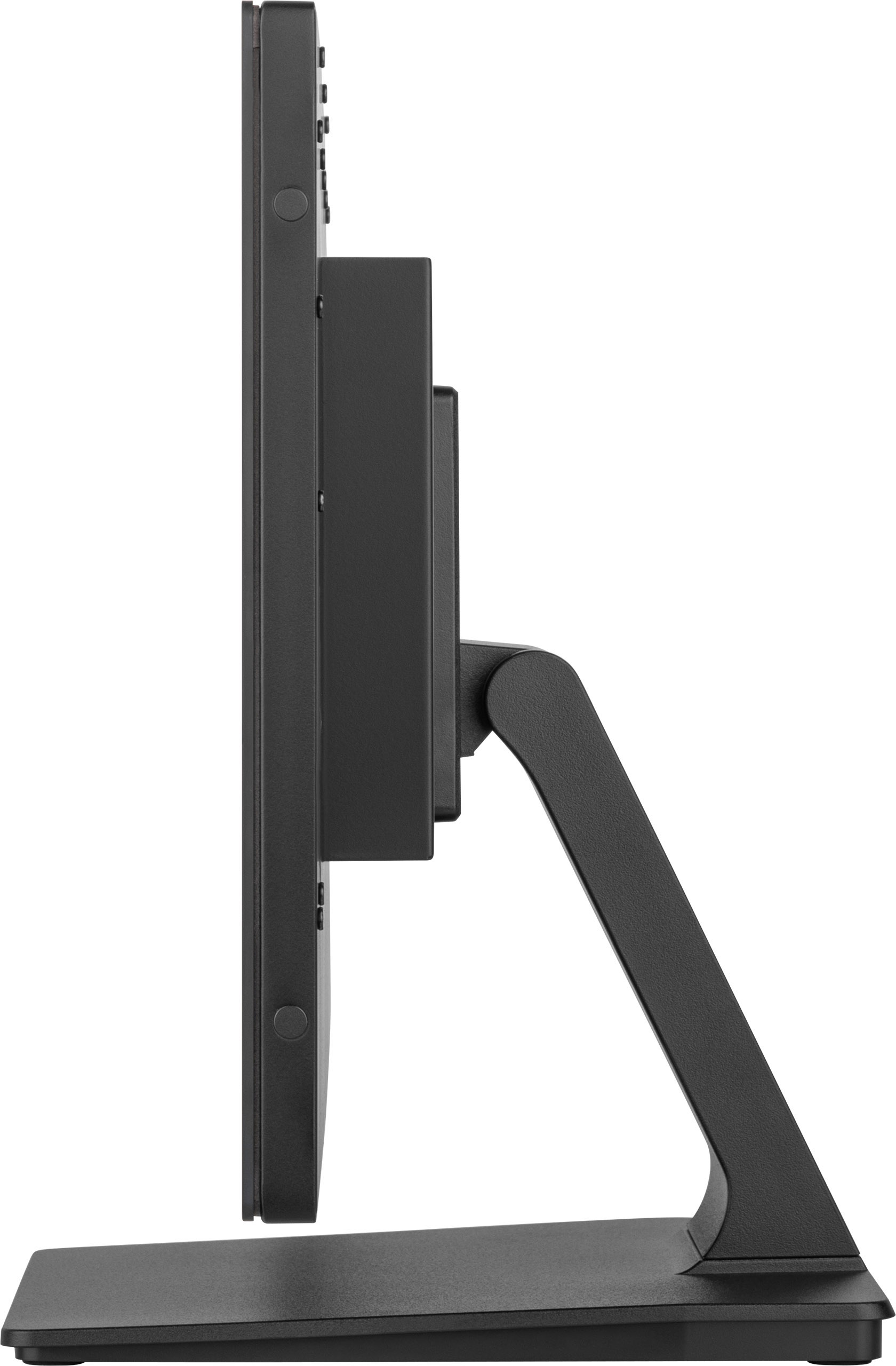 Seitenansicht eines schwarzen Computermonitors mit Ständer. Der Monitor ist rechteckig, der Ständer abgewinkelt.