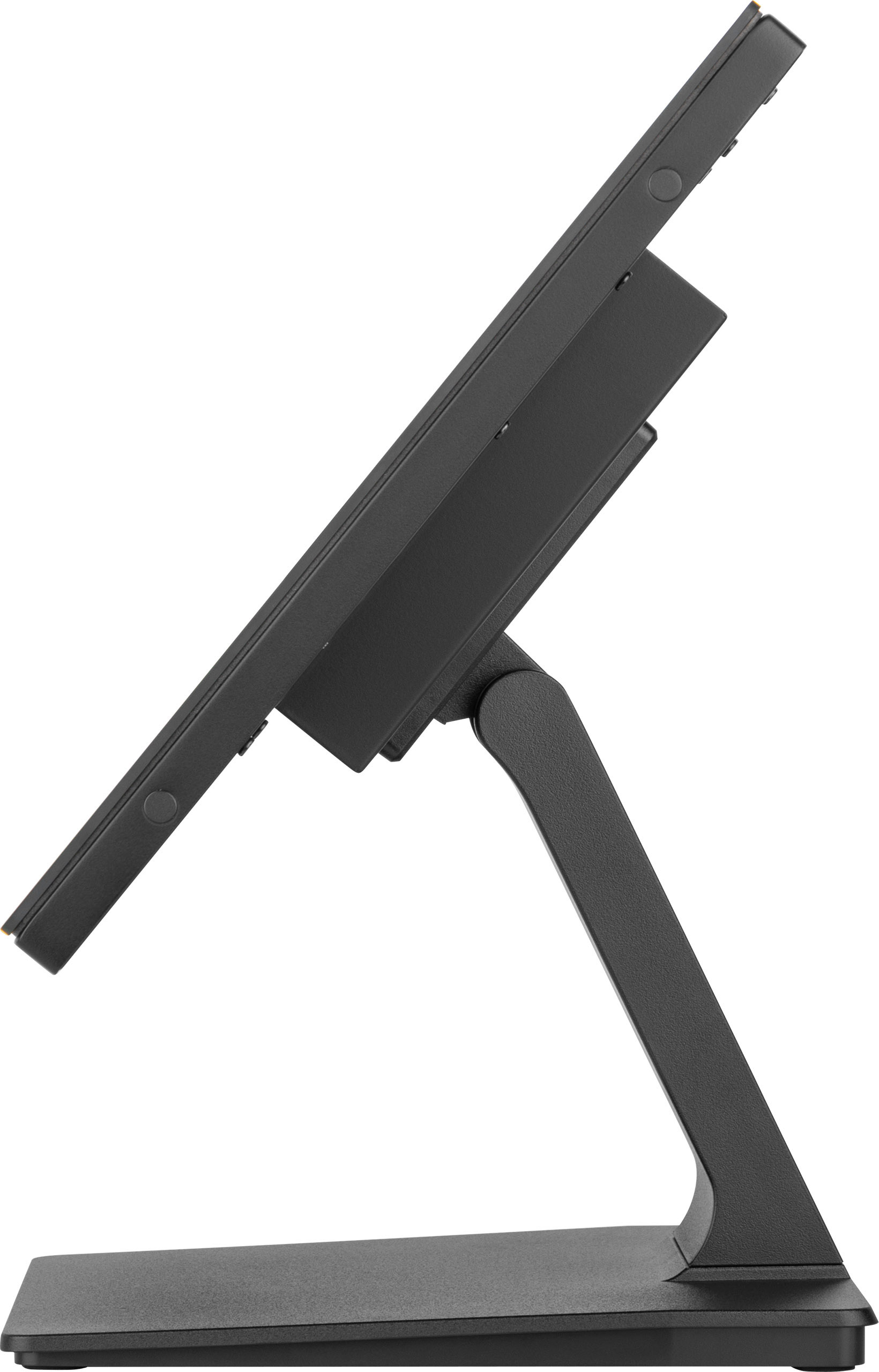 Ein schwarzer Computermonitor auf einem Ständer, nach links abgewinkelt. Sockel und Ständer sind schwarz.