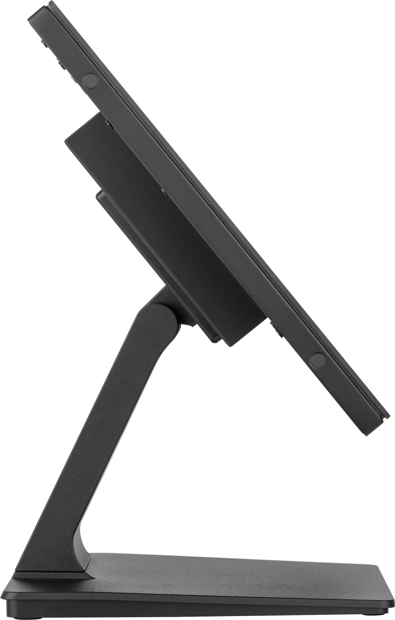 Ein schwarzer Computermonitor mit Ständer. Der Bildschirm ist angewinkelt. Der Hintergrund ist weiß.