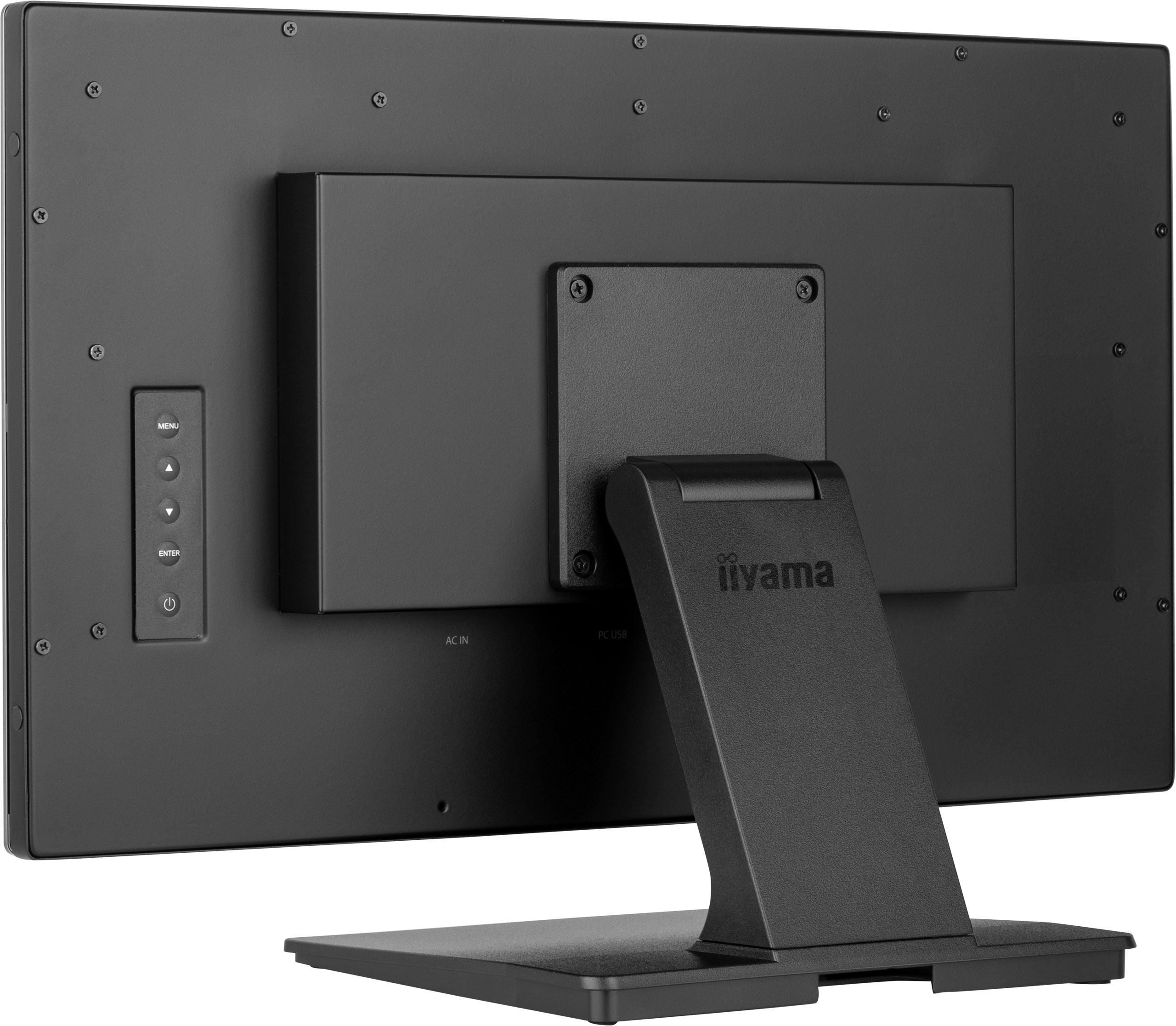 Rückansicht eines schwarzen Computermonitors mit Ständer. Es hat Steuertasten, die Marke iiyama ist sichtbar.