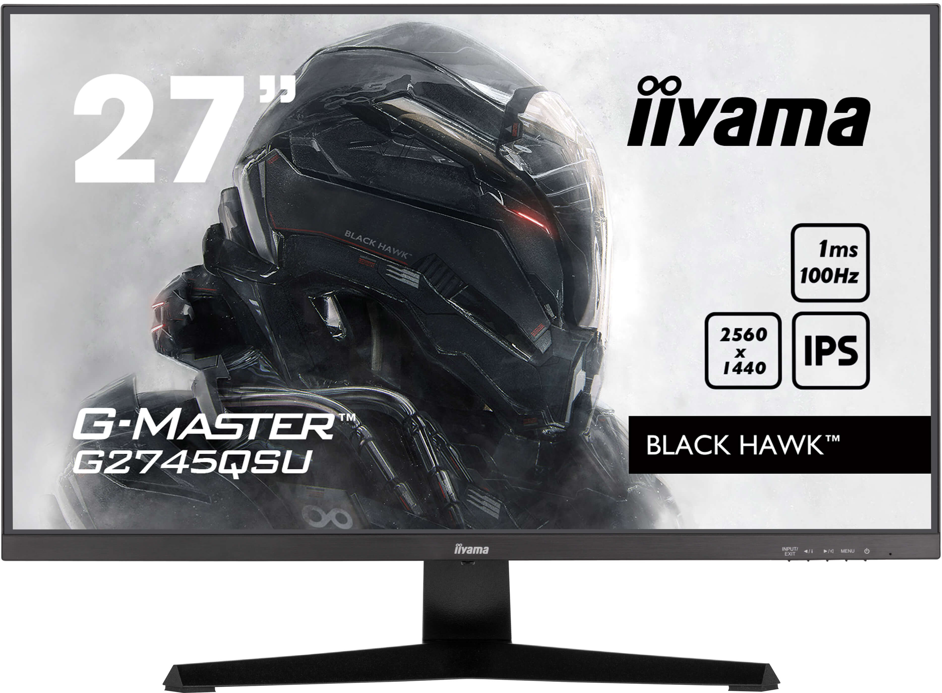 Czarny monitor iiyama z futurystycznym designem. Zawiera '27"', 'G-MASTER' i 'BLACK HAWK'.