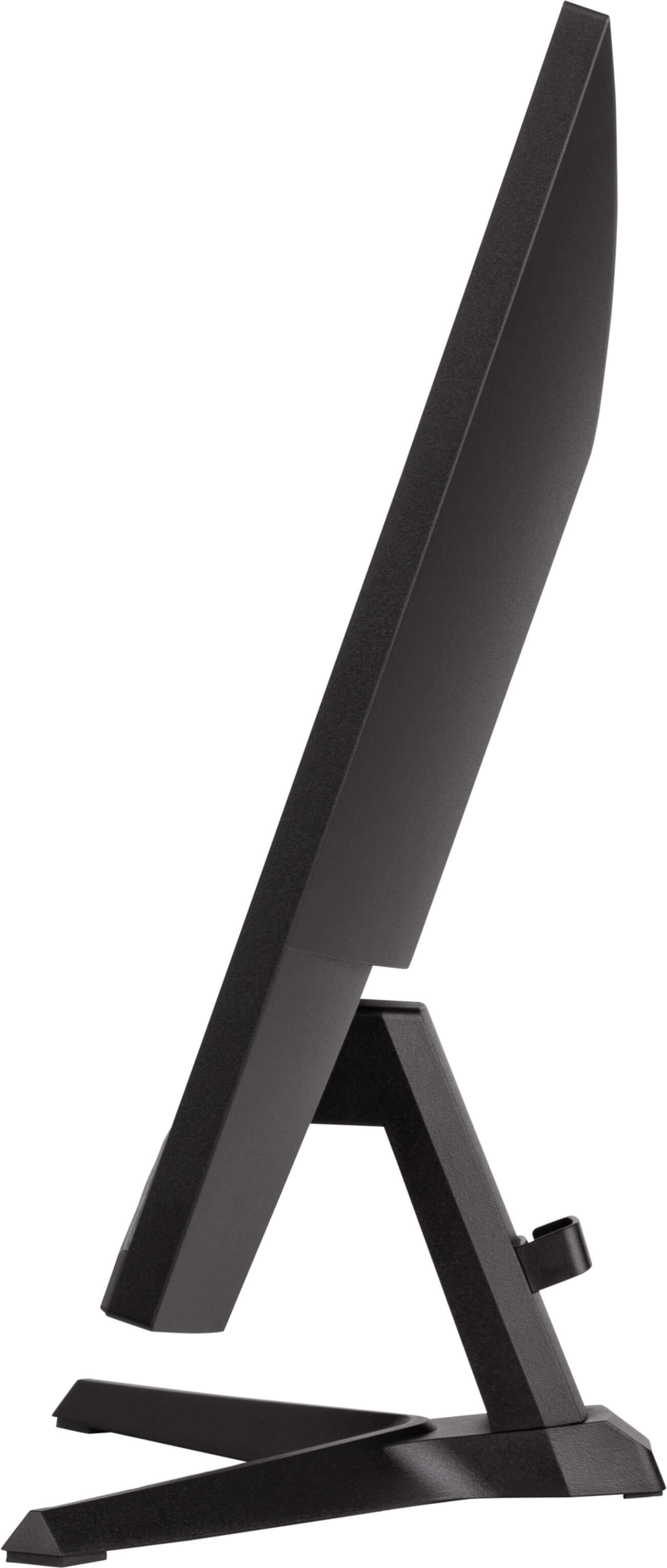 Czarny monitor komputera jest przechylony w lewo. Jest na czarnej podstawie. Tło jest białe.