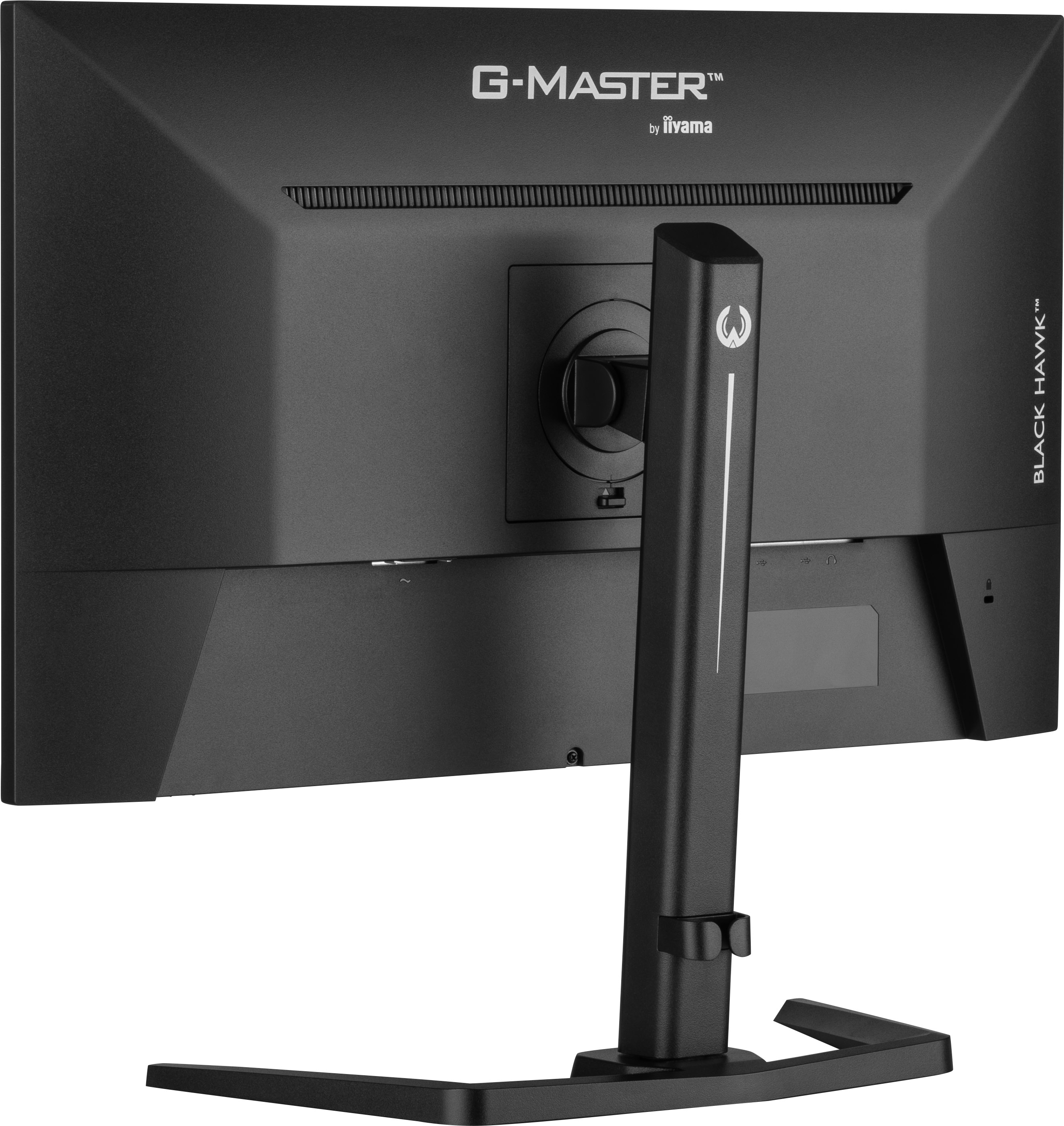 Rückansicht eines schwarzen Computermonitors mit Ständer. Der Bildschirm trägt die Aufschrift "G-MASTER" und "BLACK HAWK".