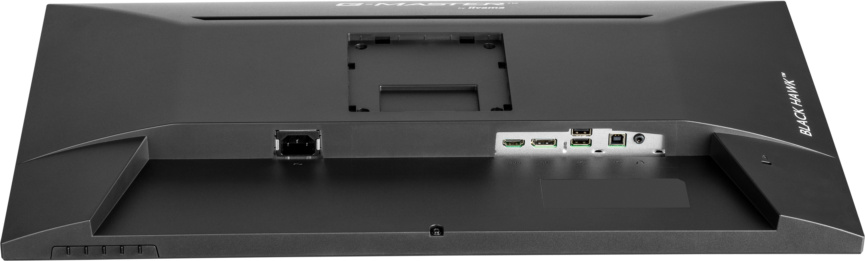 Rückseite eines schwarzen Monitors. Merkmale: Stromeingang, HDMI, USB-Anschlüsse und Text 'BLACK HAWK'.