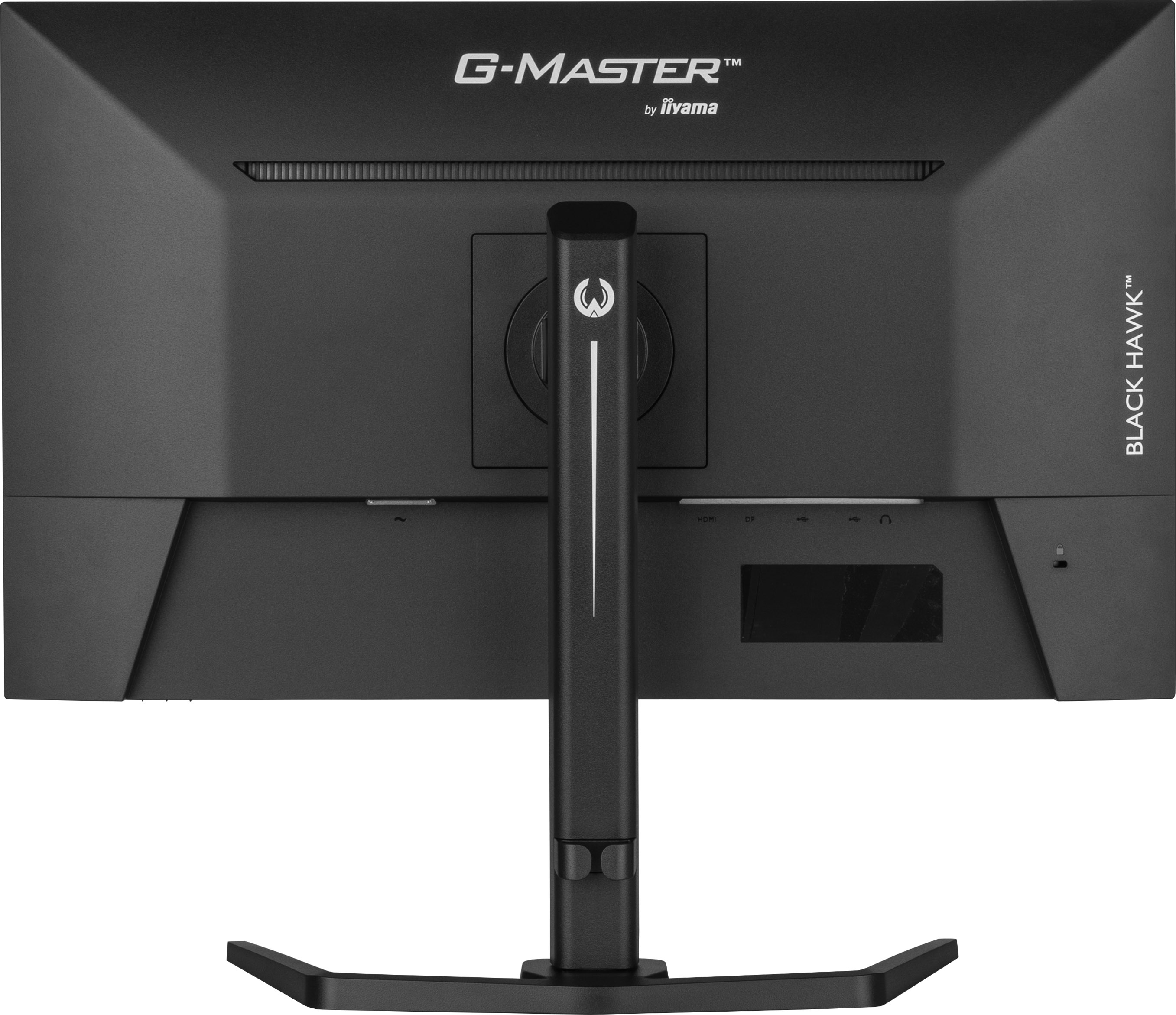 Rückseite eines schwarzen Computermonitors mit Ständer. Es steht G-MASTER von iiyama und Black Hawk.
