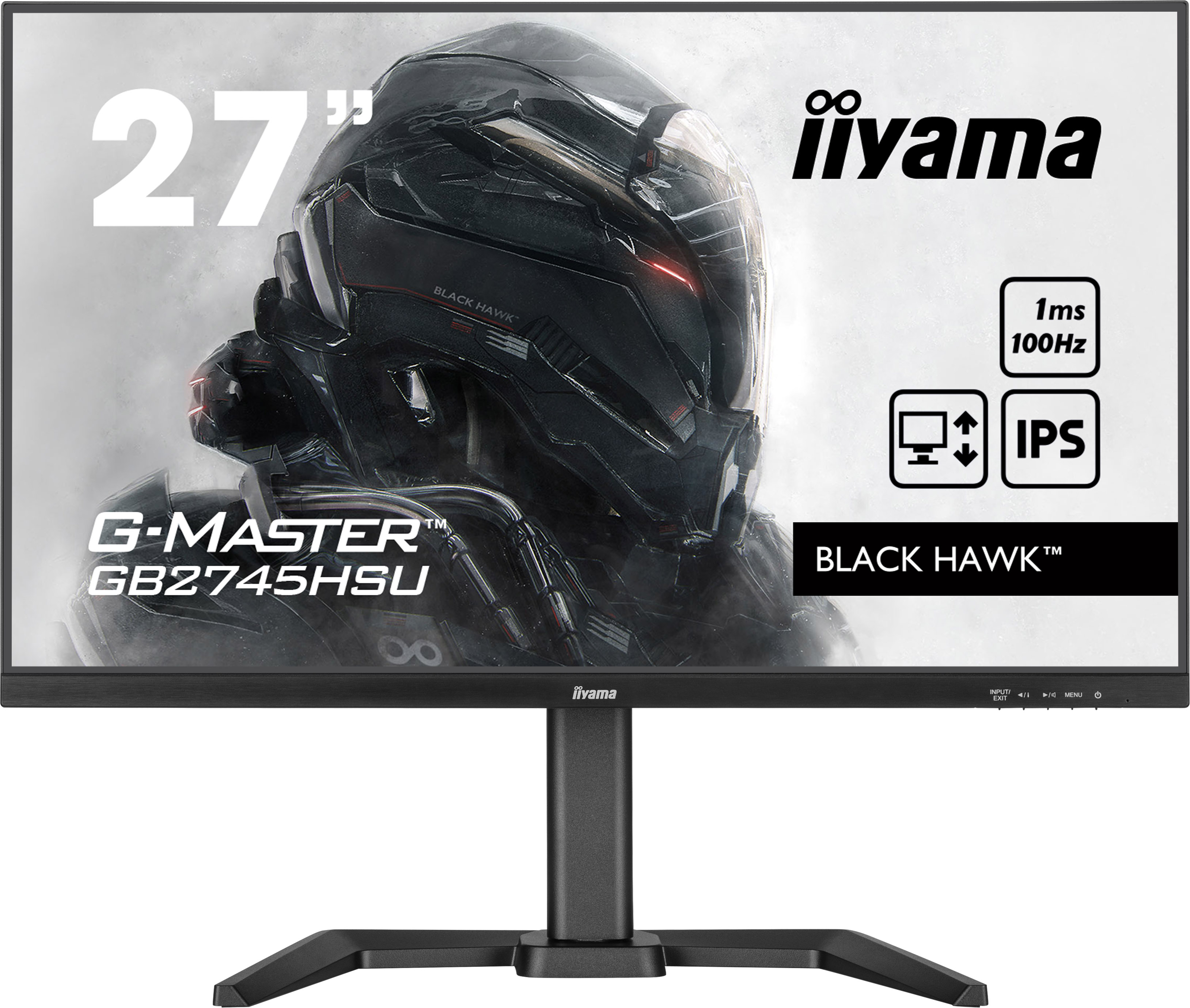 Ein schwarzer Iiyama-Monitor mit futuristischem Design. Er zeigt 27", G-MASTER, BLACK HAWK und IPS-Funktionen.