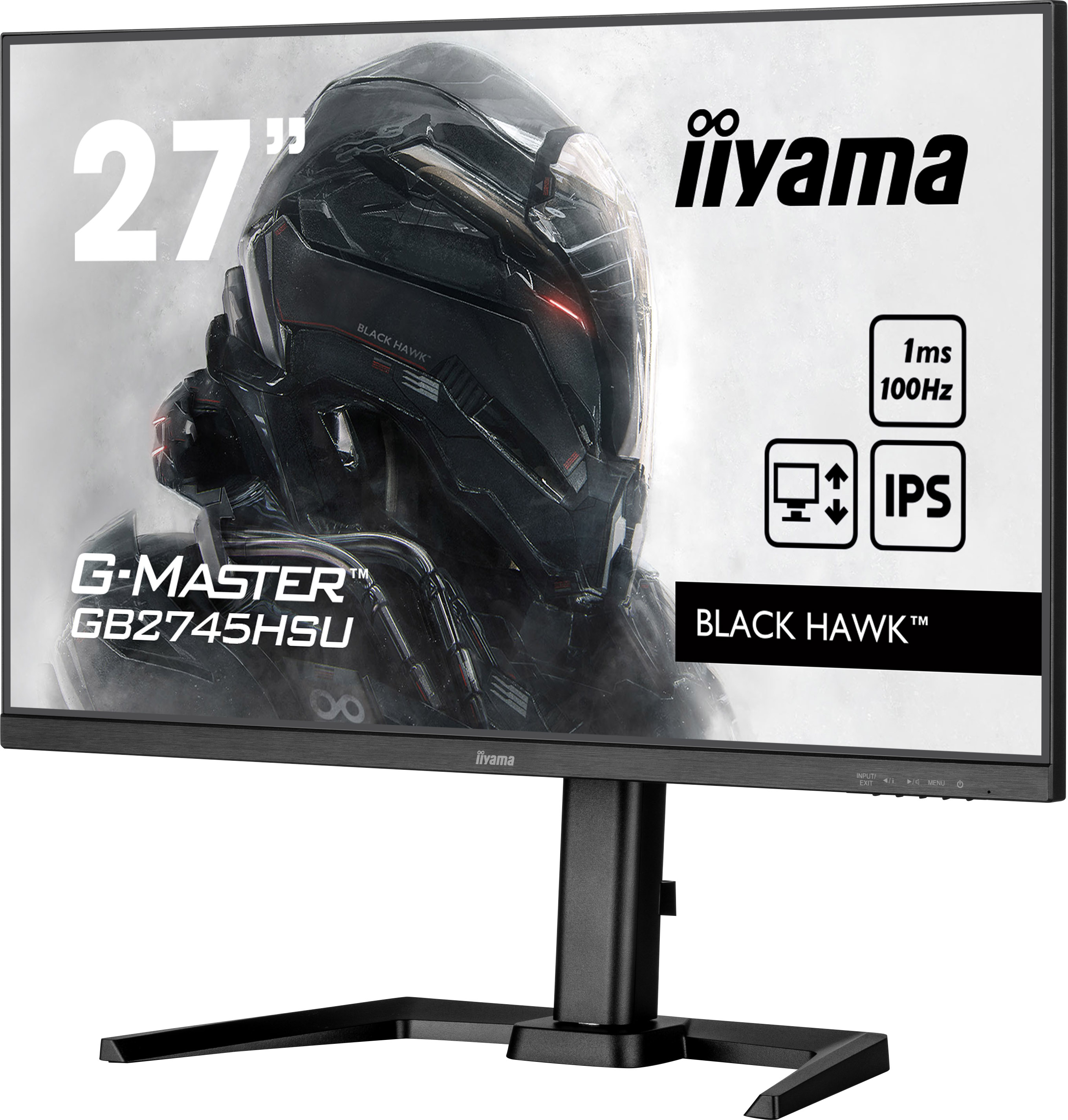 Ein schwarzer iiyama-Monitor. Der Bildschirm zeigt ein futuristisches Helm-Bild und Text. Der Ständer ist schwarz.
