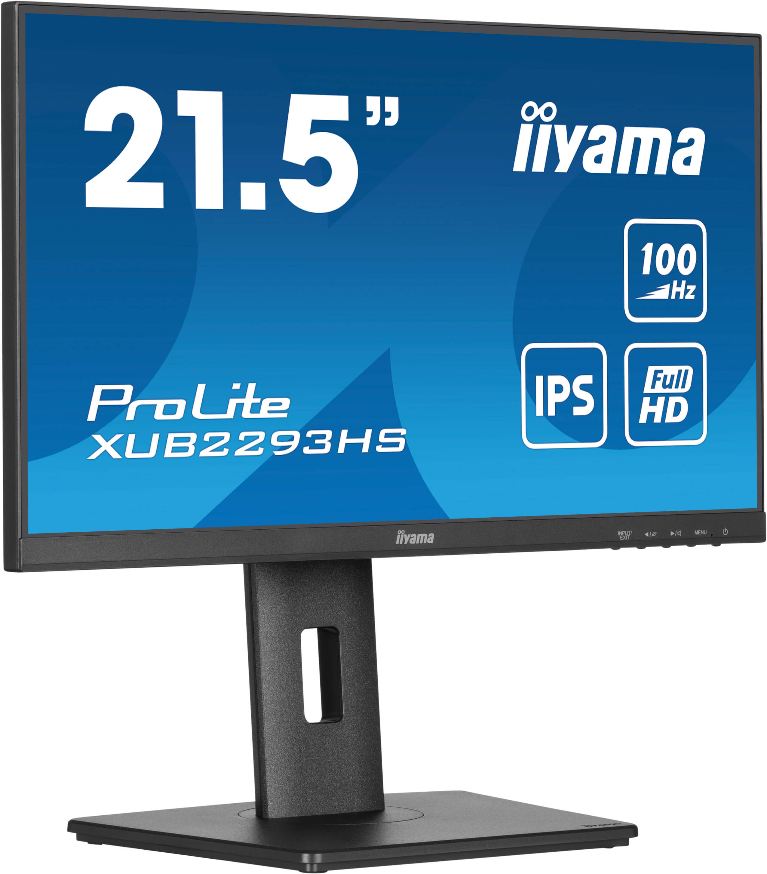 Ein schwarzer iiyama-Monitor. Er zeigt 21,5 Zoll, ProLite, XUB2293HS, IPS, Full HD und 100 Hz an. Der Ständer ist schwarz.