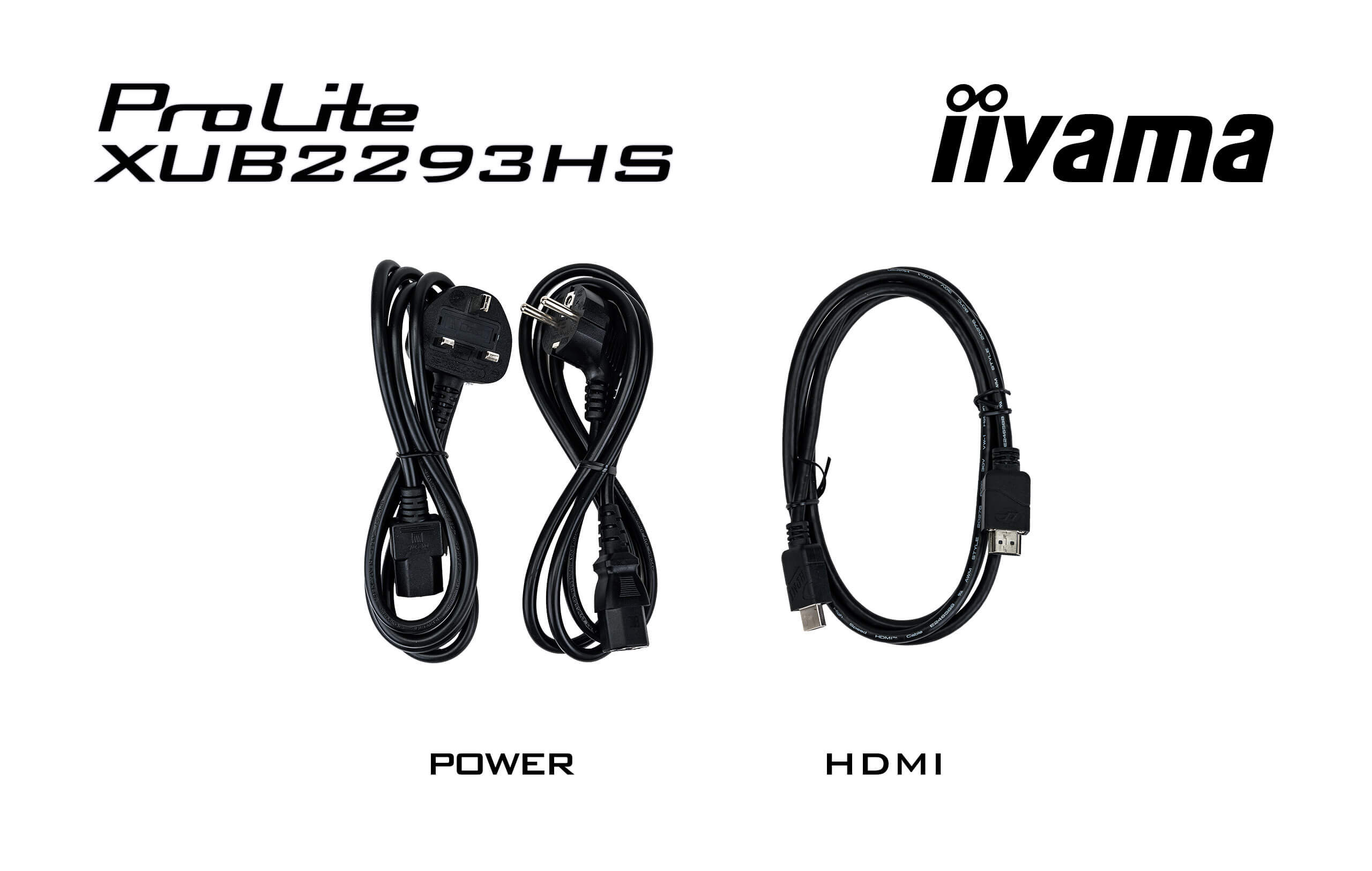 Das Bild zeigt ein Stromkabel und ein HDMI-Kabel. Das Stromkabel hat einen Stecker. Das HDMI-Kabel hat Anschlüsse an beiden Enden.