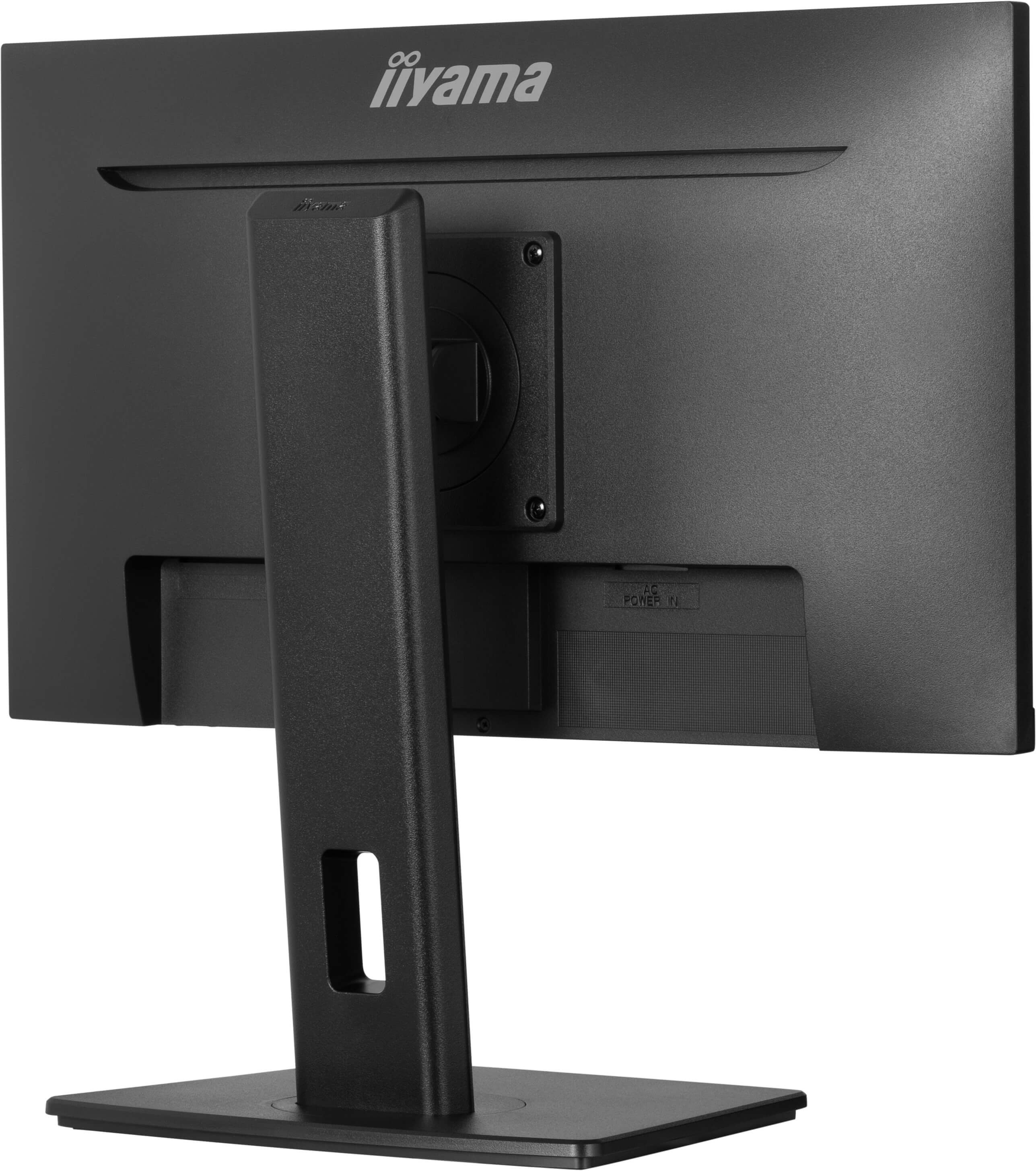 Rückansicht eines schwarzen Computermonitors mit Ständer. Das Iiyama-Logo ist sichtbar.