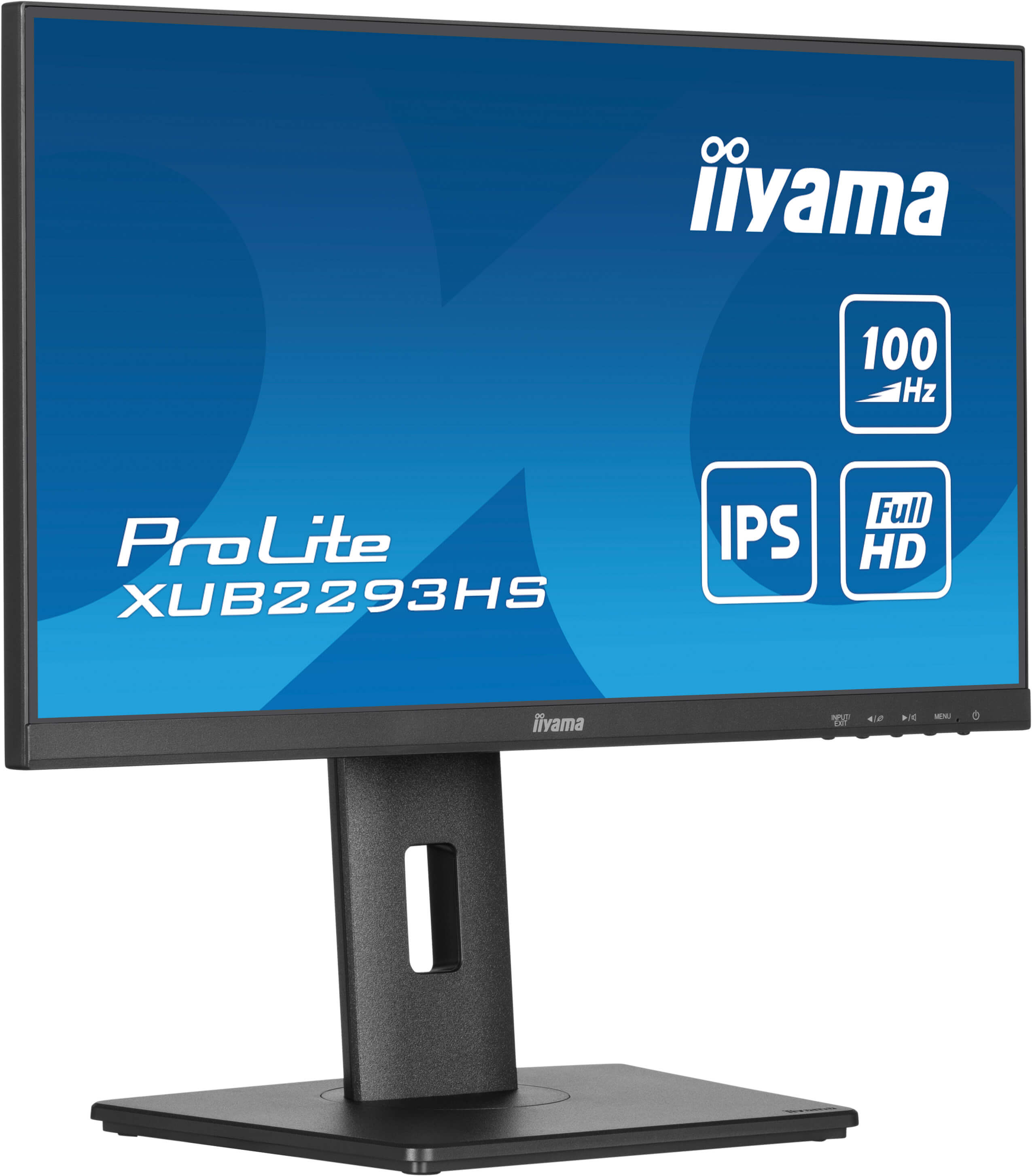 Ein schwarzer iiyama ProLite Monitor. Er hat einen blauen Bildschirm mit weißem Text und Symbolen. Der Monitor steht auf einem schwarzen Ständer.