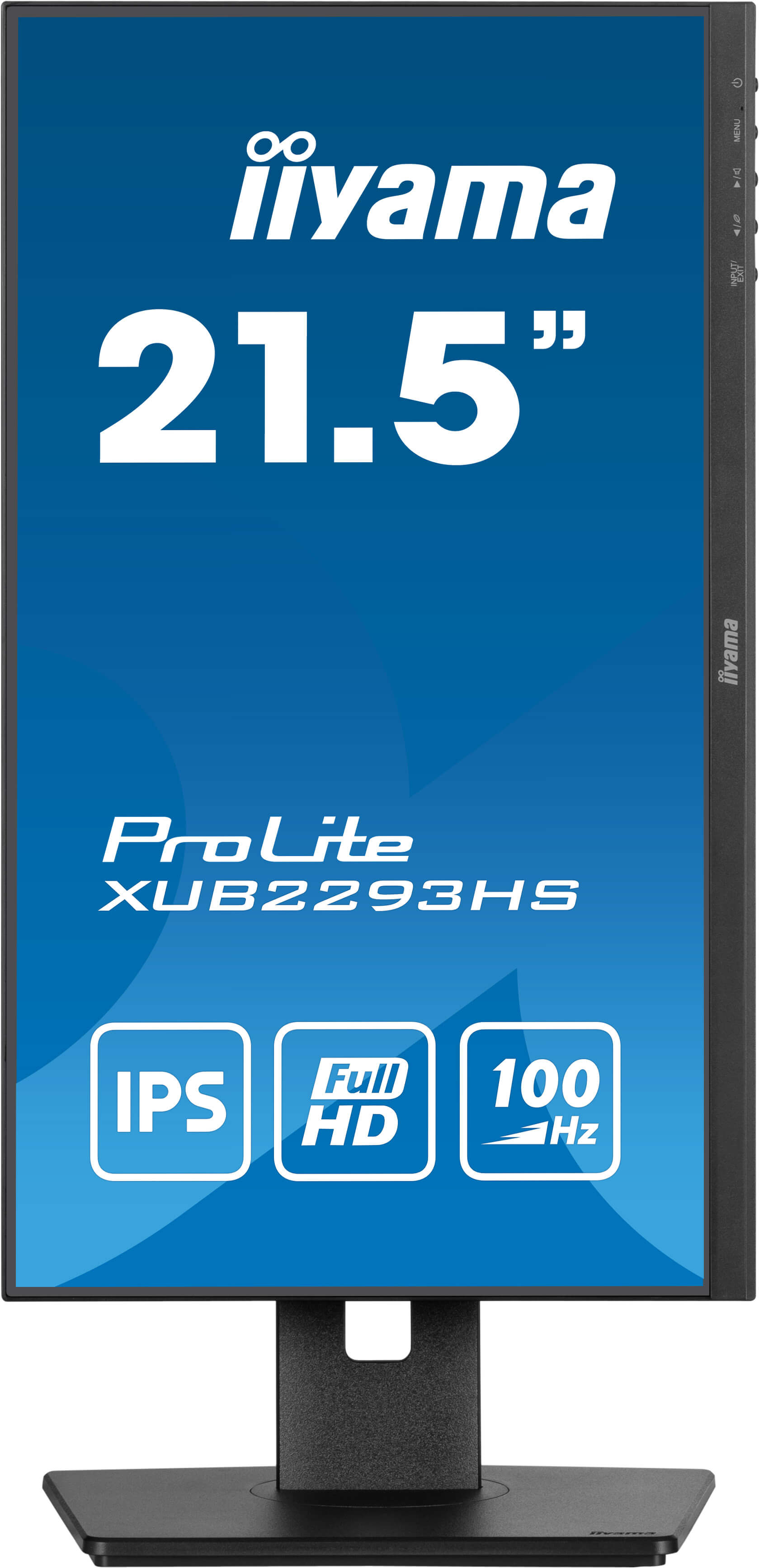 Iiyama ProLite 21,5" Monitor. Blauer Hintergrund mit weißem Text und Symbolen. Enthält IPS, Full HD und 100 Hz. Schwarzer Standfuß.