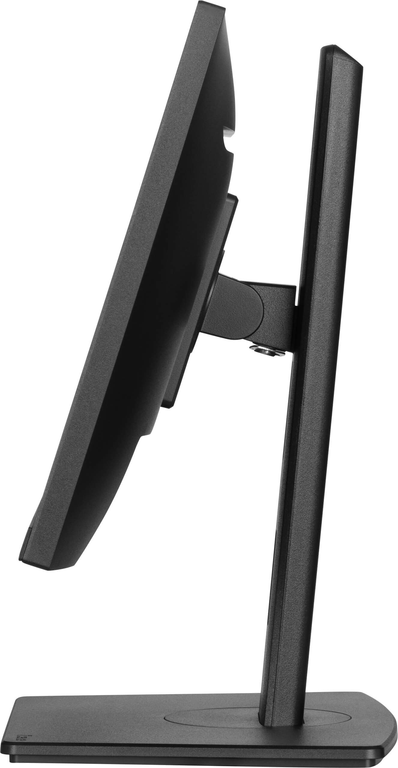 Ein schwarzer Computermonitor wird von der Seite gezeigt. Der Monitor ist auf einem Ständer montiert. Der Hintergrund ist weiß.