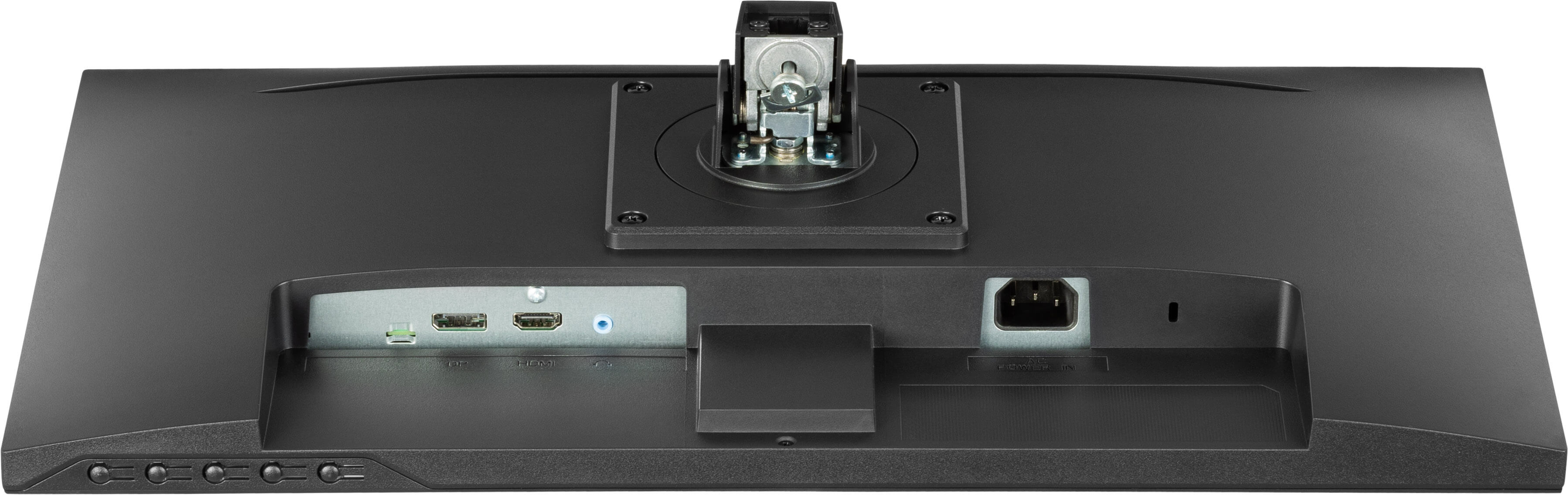 Rückseite eines schwarzen Monitors. Merkmale: Halterung, Anschlüsse (DP, HDMI), Stromeingang und Steuertasten.