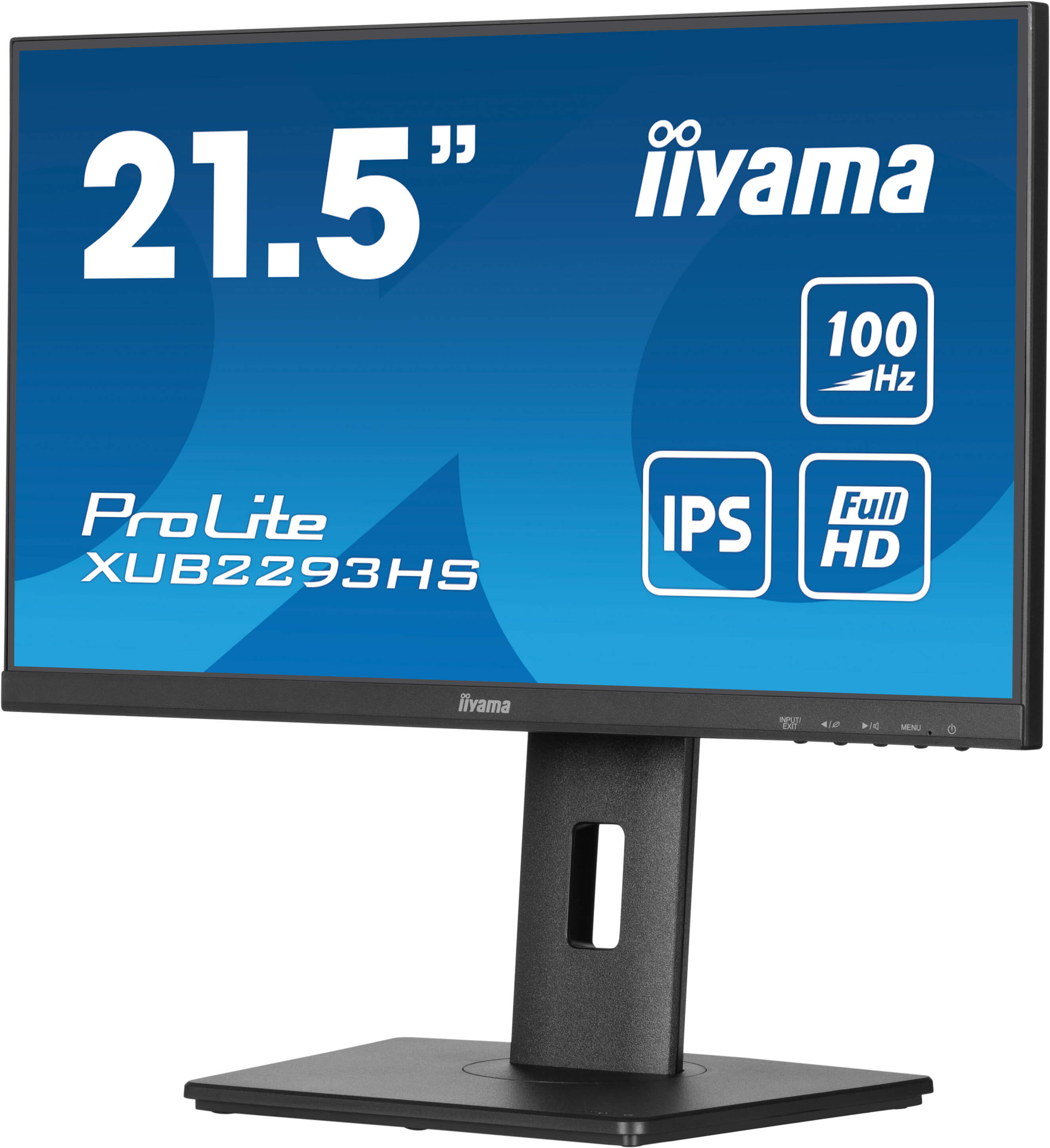 Ein schwarzer iiyama-Monitor zeigt '21,5", ProLite XUB2293HS, IPS, Full HD und 100 Hz. Der Monitor steht auf einem schwarzen Ständer.
