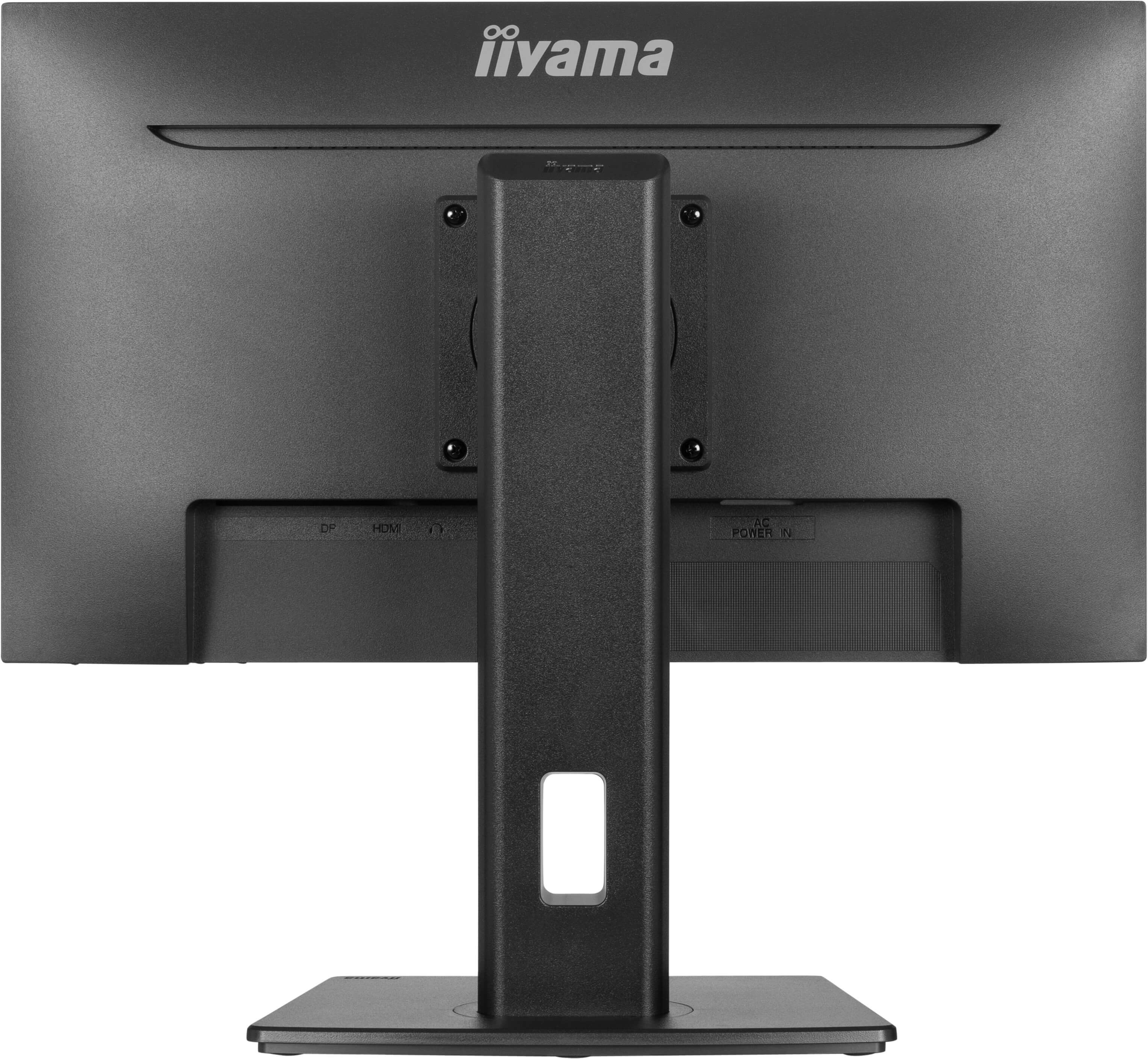 Rückseite eines schwarzen iiyama-Monitors mit Ständer. Anschlüsse sind DP, HDMI und Stromeingang. Ständer ist schwarz.