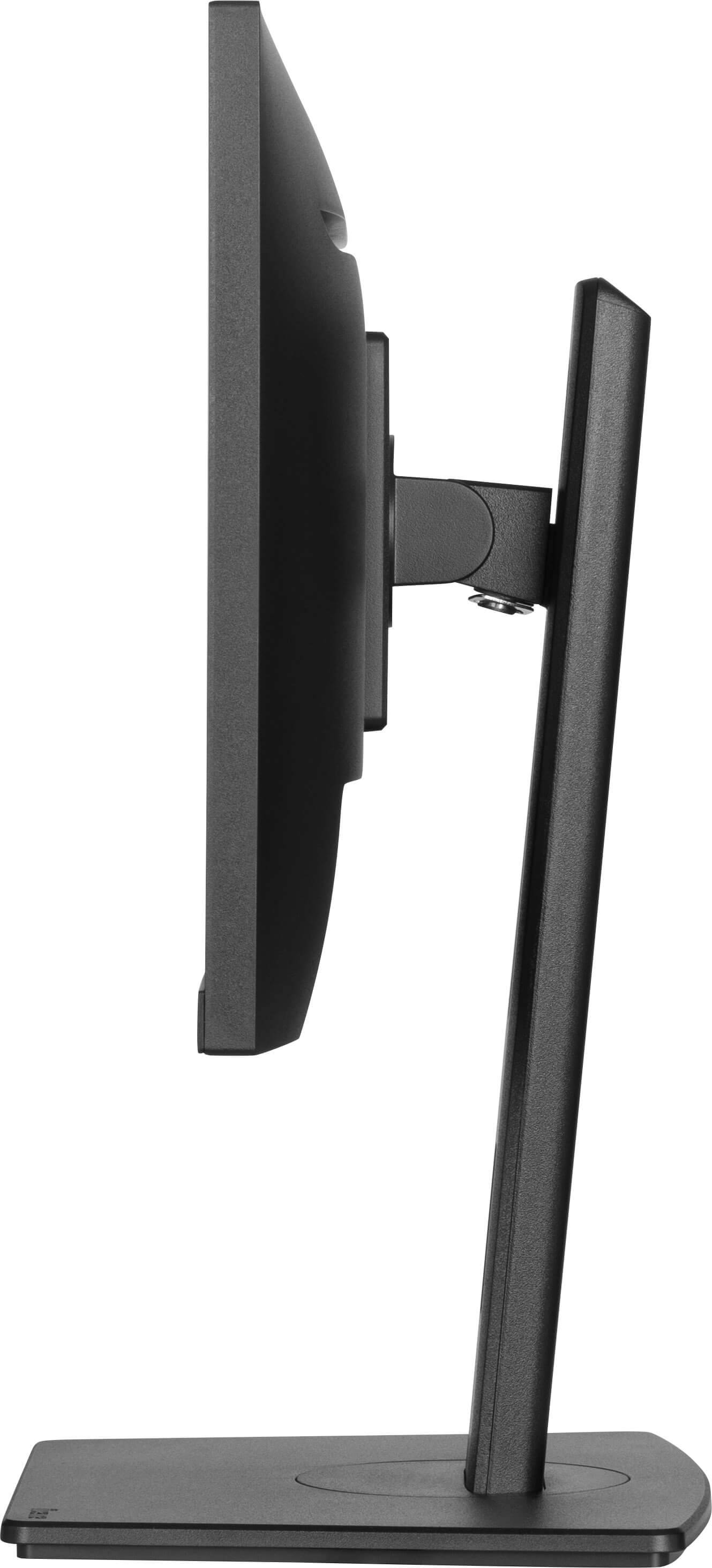 Seitenansicht eines schwarzen Computermonitors. Der Monitor ist auf einem schwarzen Ständer und einer Basis montiert, mit weißem Hintergrund.