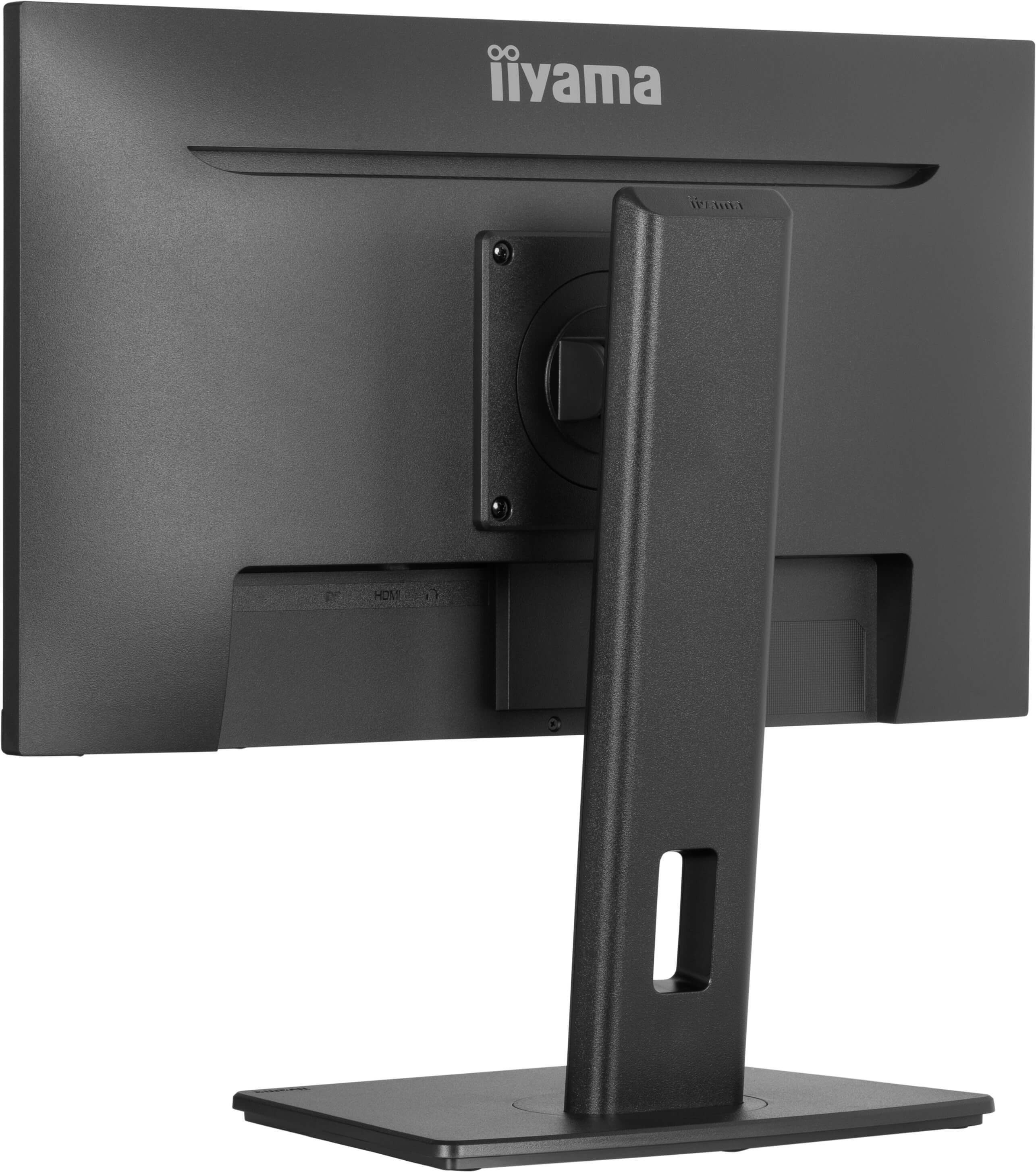 Rückansicht eines schwarzen iiyama-Monitors. Der Ständer ist sichtbar, zusammen mit Anschlüssen. Der Markenname steht oben.