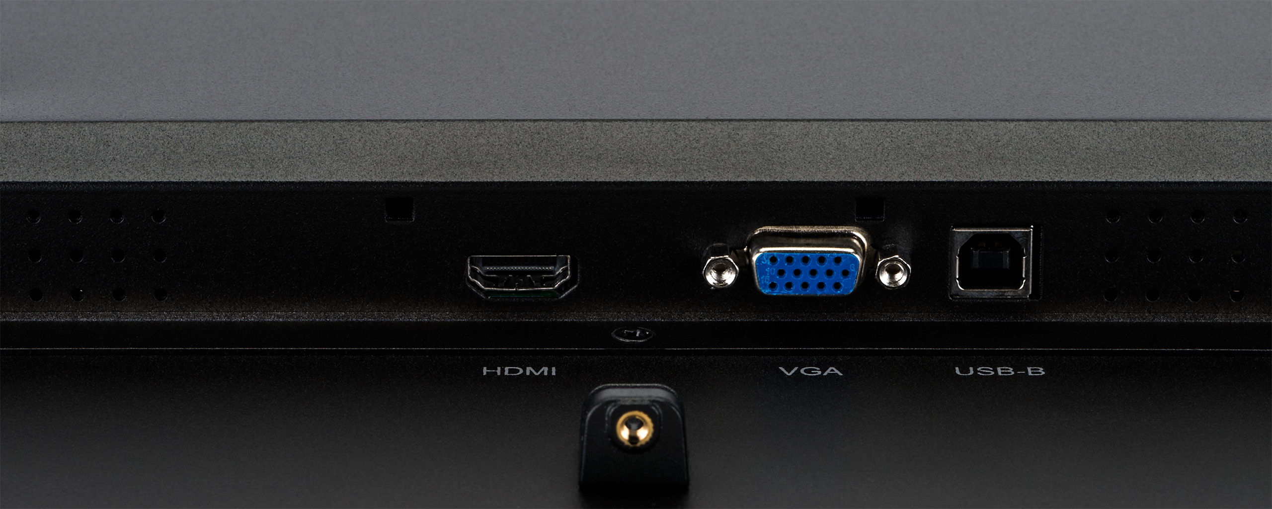 Nahaufnahme der Rückseite eines Monitors. Mit HDMI-, VGA- und USB-B-Anschlüssen und Beschriftungen. Das Panel ist schwarz.