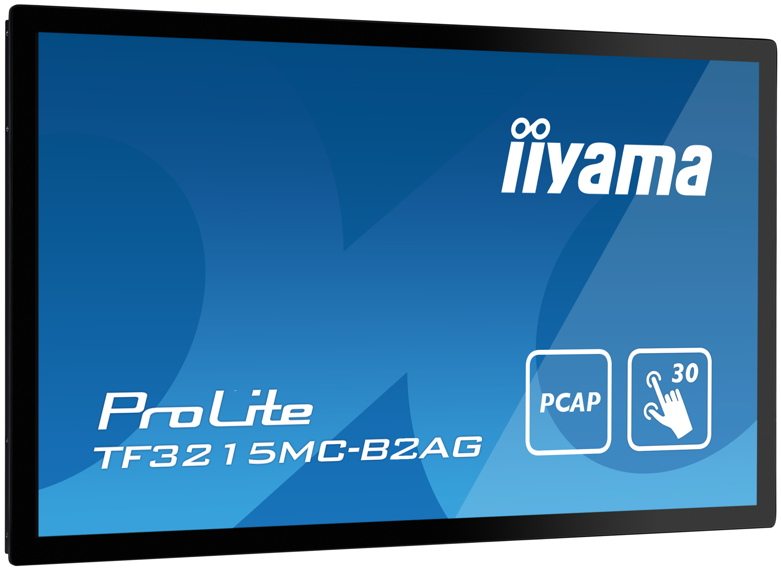 Ein schwarzer Bildschirm mit weißem Text und Logos. Es ist ein ProLite TF3215MC-B2AG Monitor mit dem Iiyama Logo.
