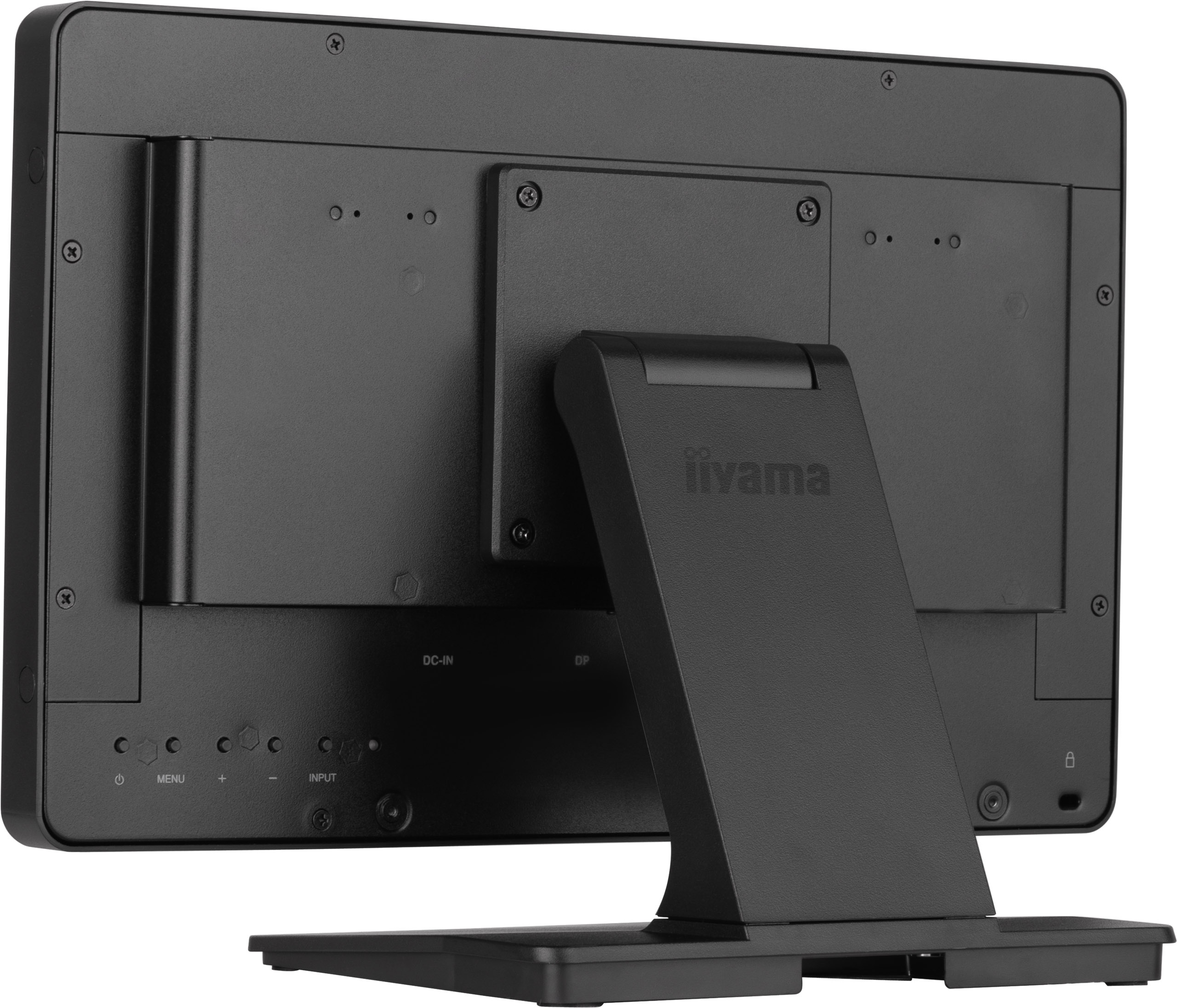 Rückseite eines schwarzen Computermonitors. Es hat einen Ständer, Knöpfe und Anschlüsse. Der Markenname ist sichtbar.