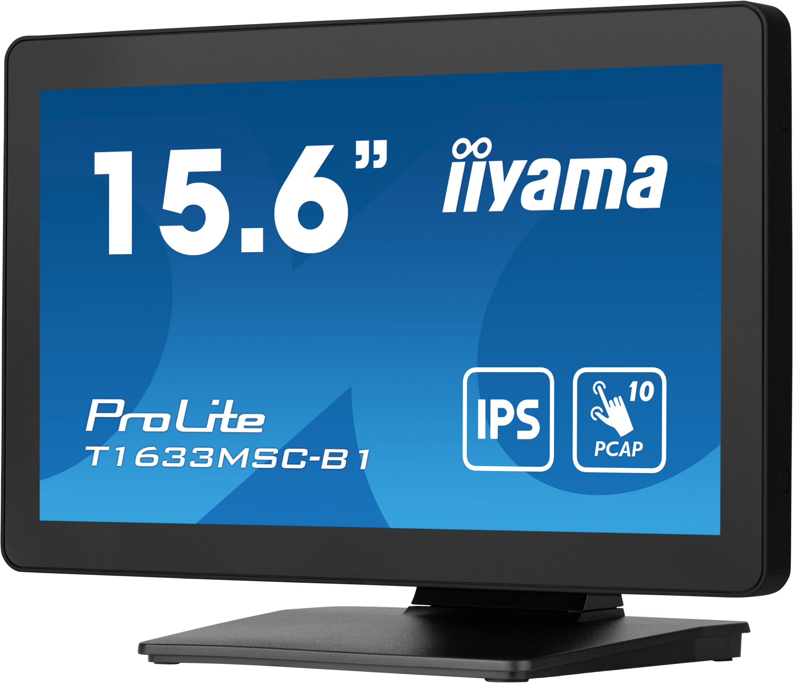 Ein schwarzer Iiyama ProLite 15,6" Monitor. Der Bildschirm zeigt Text und Symbole auf blauem Hintergrund.
