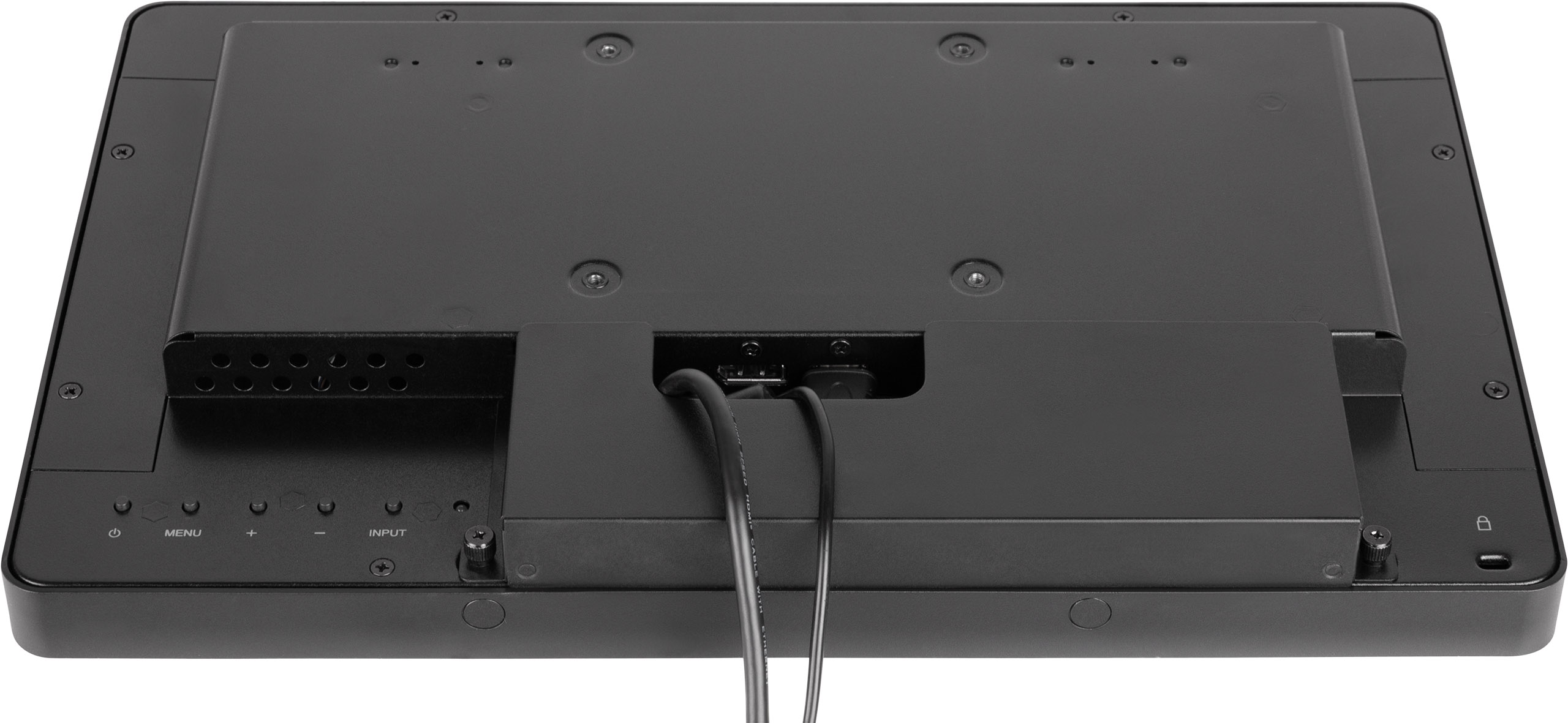 Schwarze Monitorrückseite mit Anschlüssen, Schrauben und Knöpfen. Kabel sind eingesteckt. Das Wort INPUT ist sichtbar.