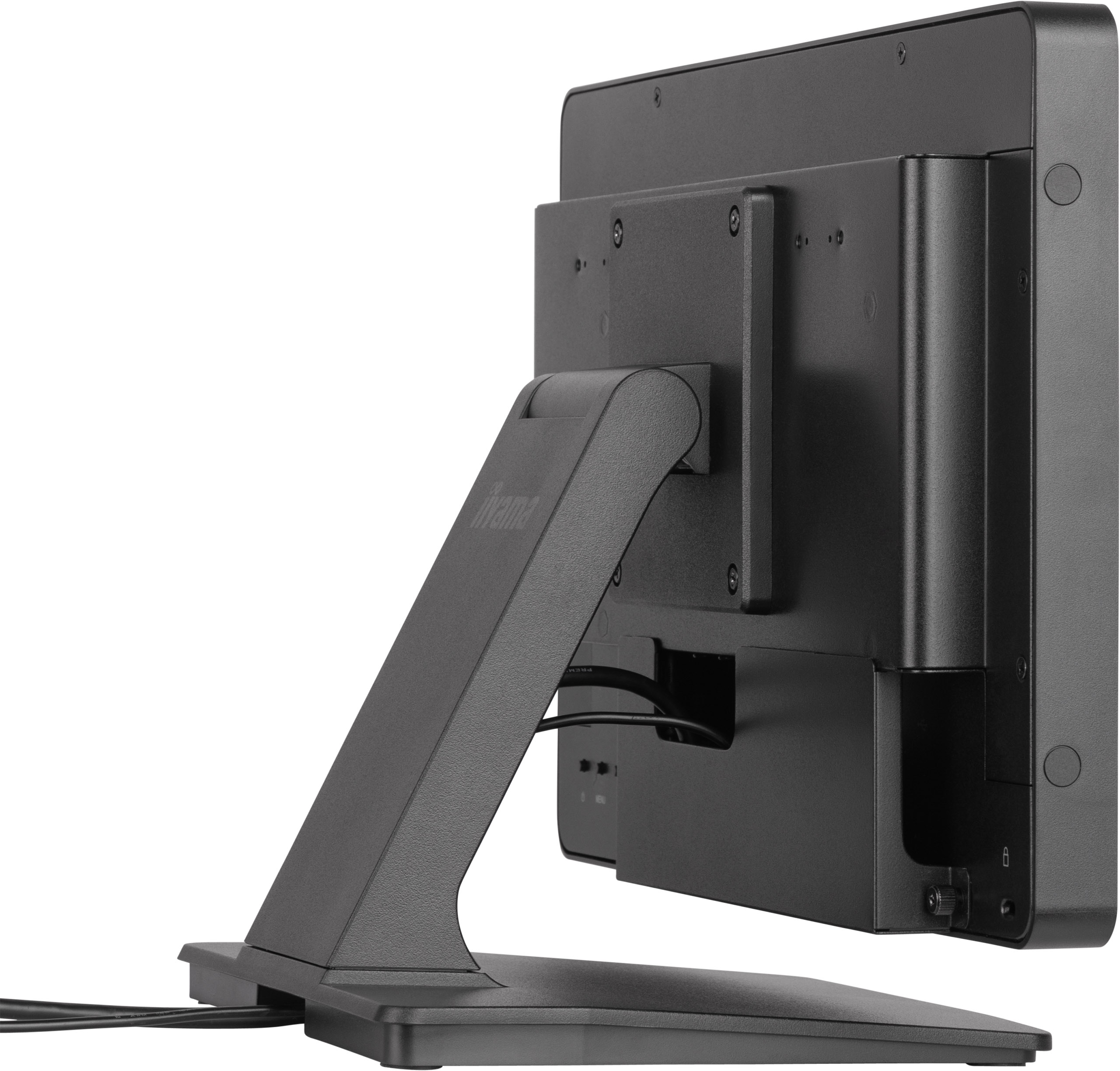 Ein schwarzer Computermonitor, von hinten gesehen. Der Ständer und die Basis sind ebenfalls schwarz.