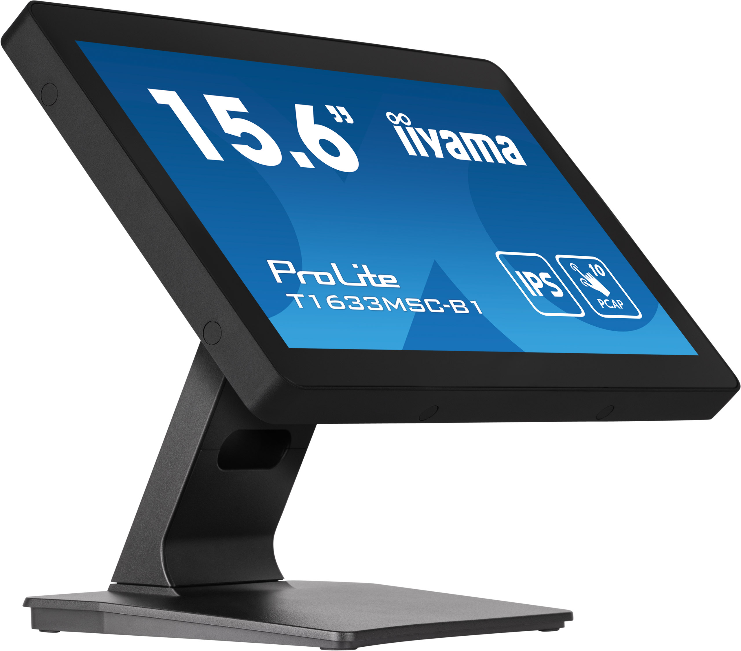 Ein schwarzer Touchscreen-Monitor mit dem Text '15,6" iiyama ProLite T1633MSC-B1' auf blauem Bildschirm.
