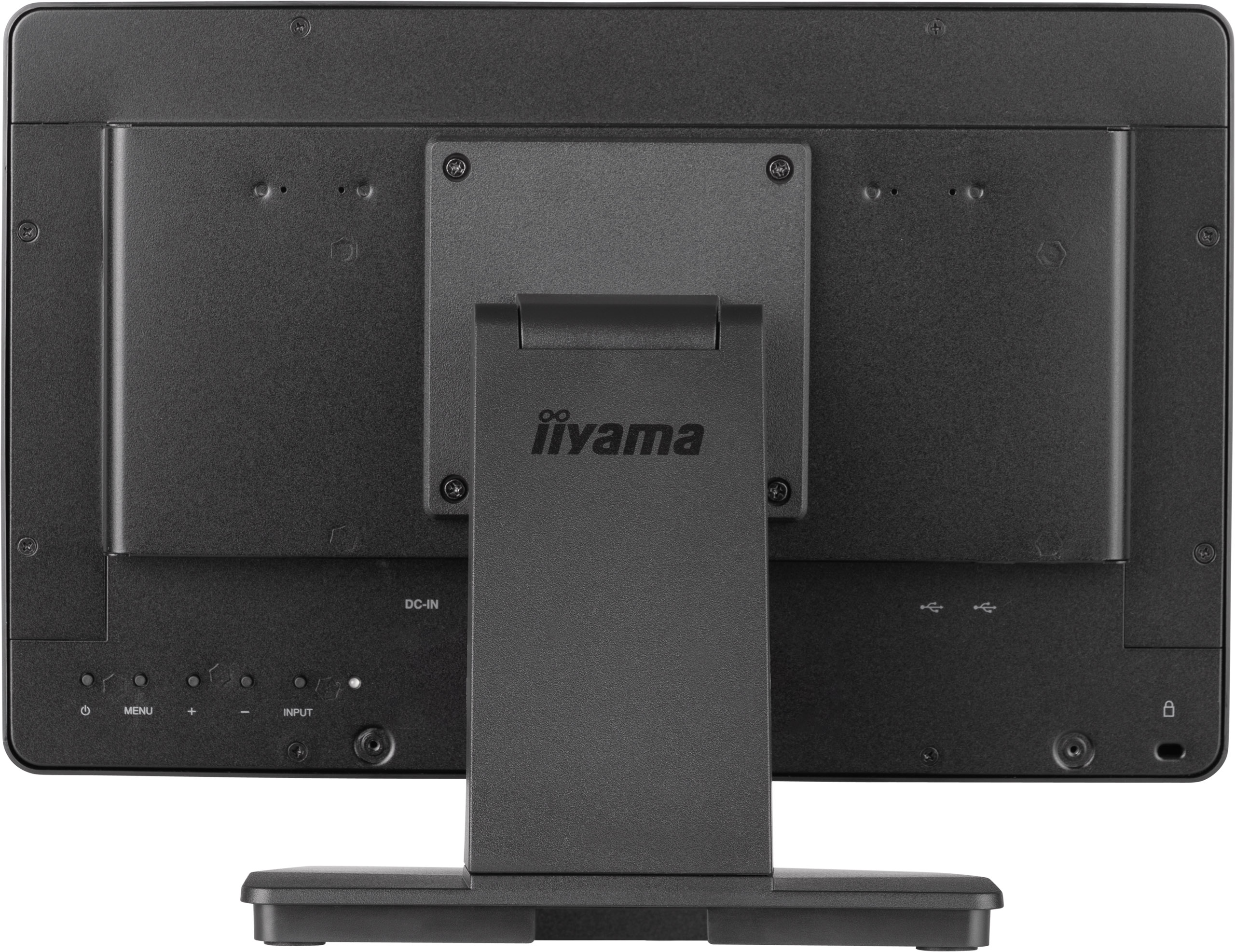 Rückansicht eines schwarzen iiyama-Monitors. Er hat einen Ständer, Knöpfe, Anschlüsse und das Markenlogo. Der Hintergrund ist weiß.