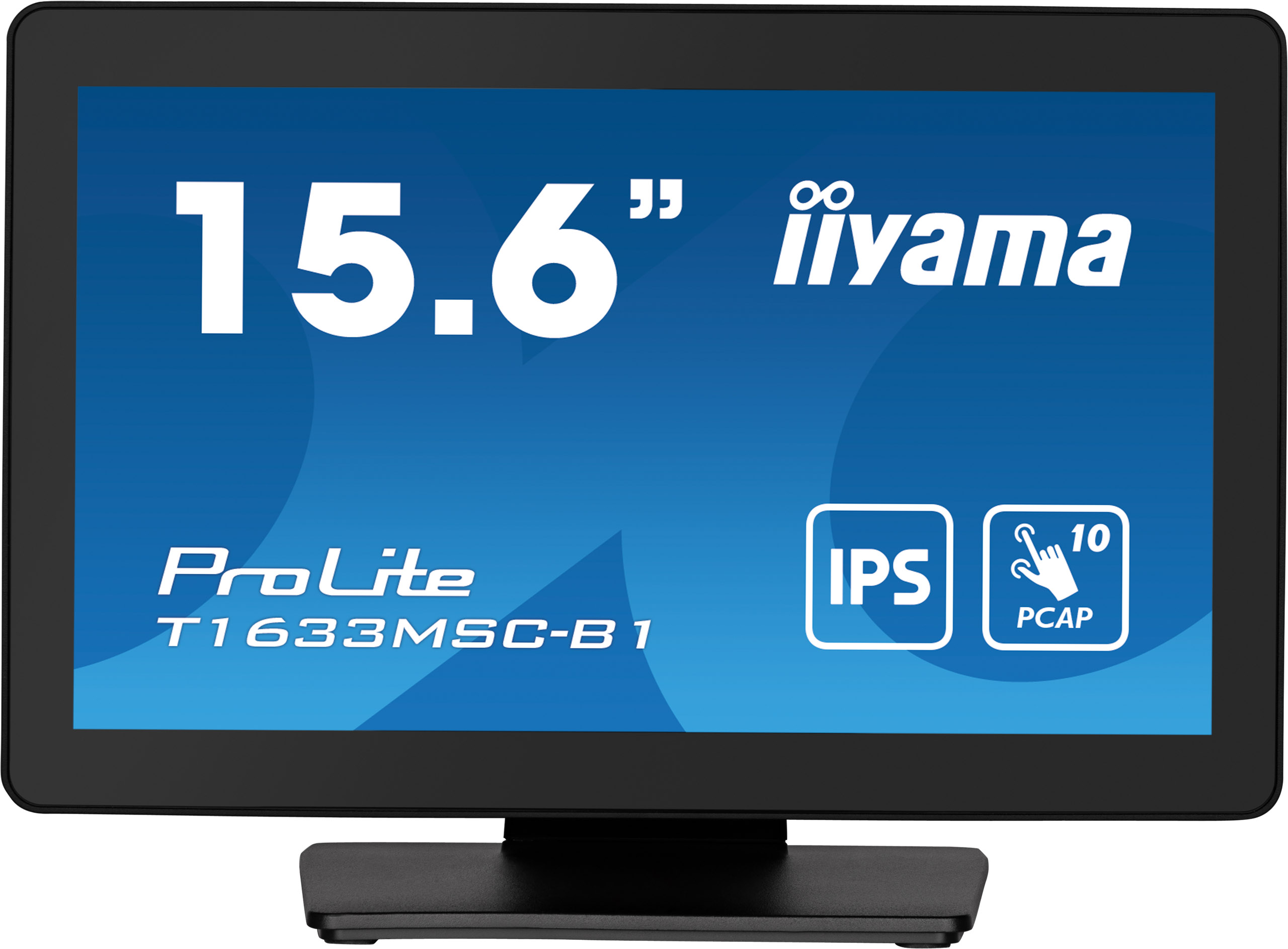 Ein schwarzer Iiyama ProLite 15,6" Monitor. Er hat einen blauen Bildschirm mit weißem Text und Symbolen.