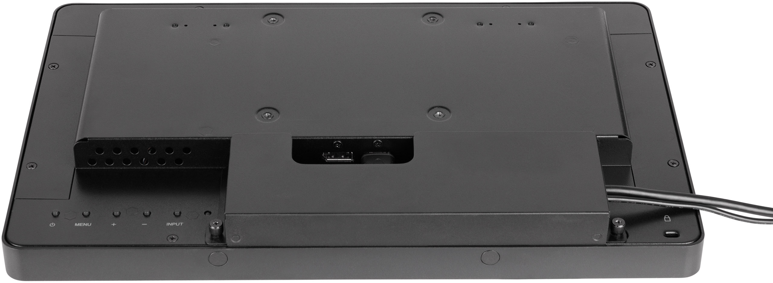 Rückansicht eines schwarzen Monitors. Es hat Anschlüsse, Schrauben und ein Kabel. Knöpfe sind beschriftet: Menu, +, -, Input.