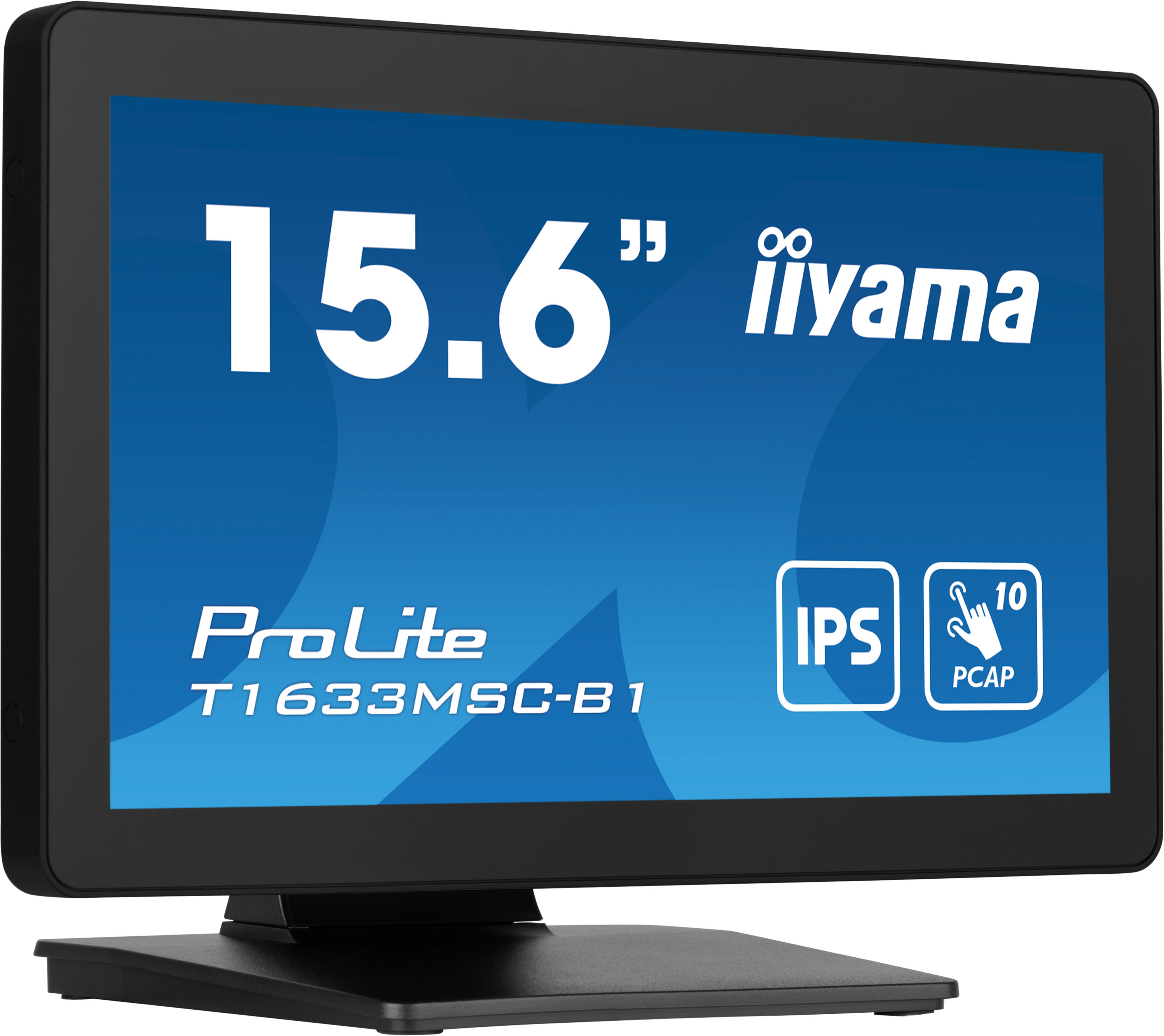 Ein schwarzer Touchscreen-Monitor mit blauem Hintergrund. Er zeigt '15,6"' und die Marke iiyama an. Er hat 'ProLite' und Modellinformationen.