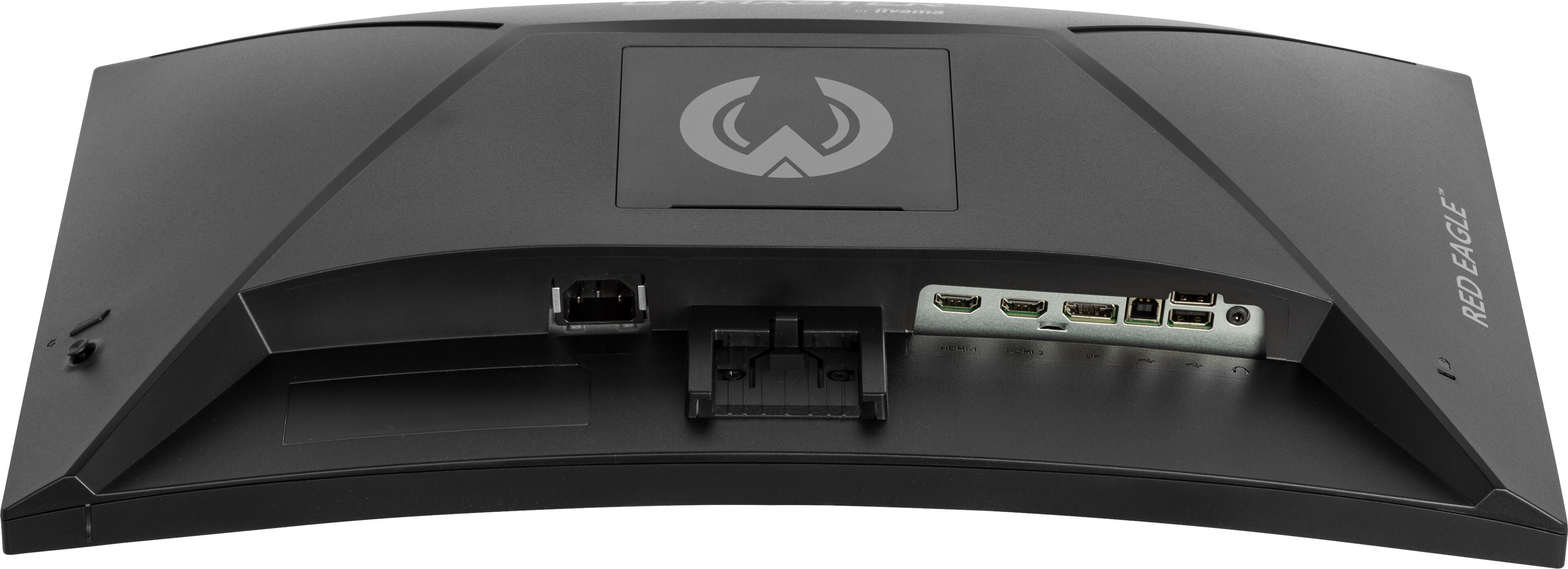 Tył czarnego, zakrzywionego monitora komputerowego z różnymi portami, logo i napisem "RED EAGLE".