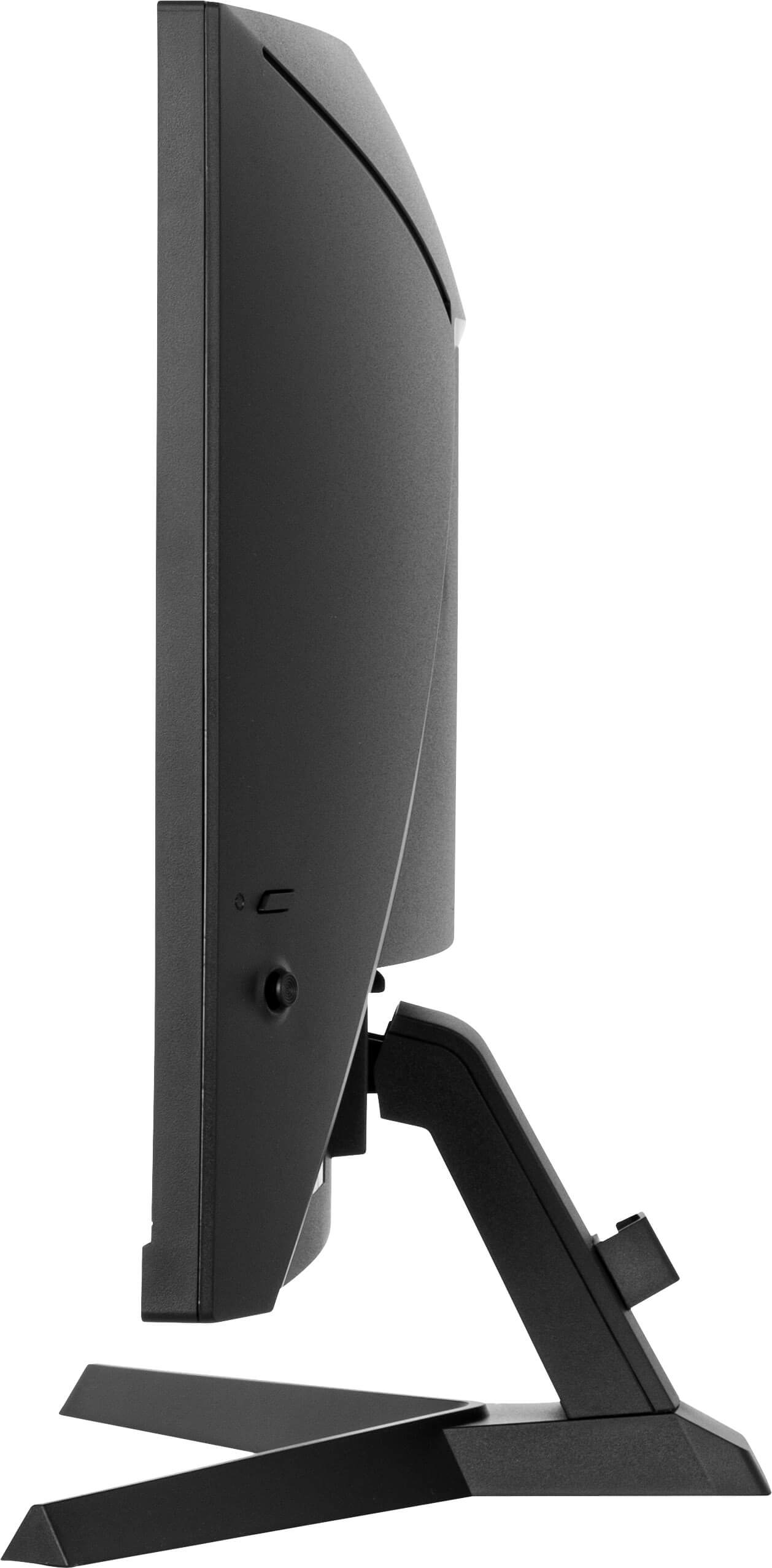 Czarny monitor komputerowy z boku, pokazujący podstawę i tylny panel z portami wejściowymi.