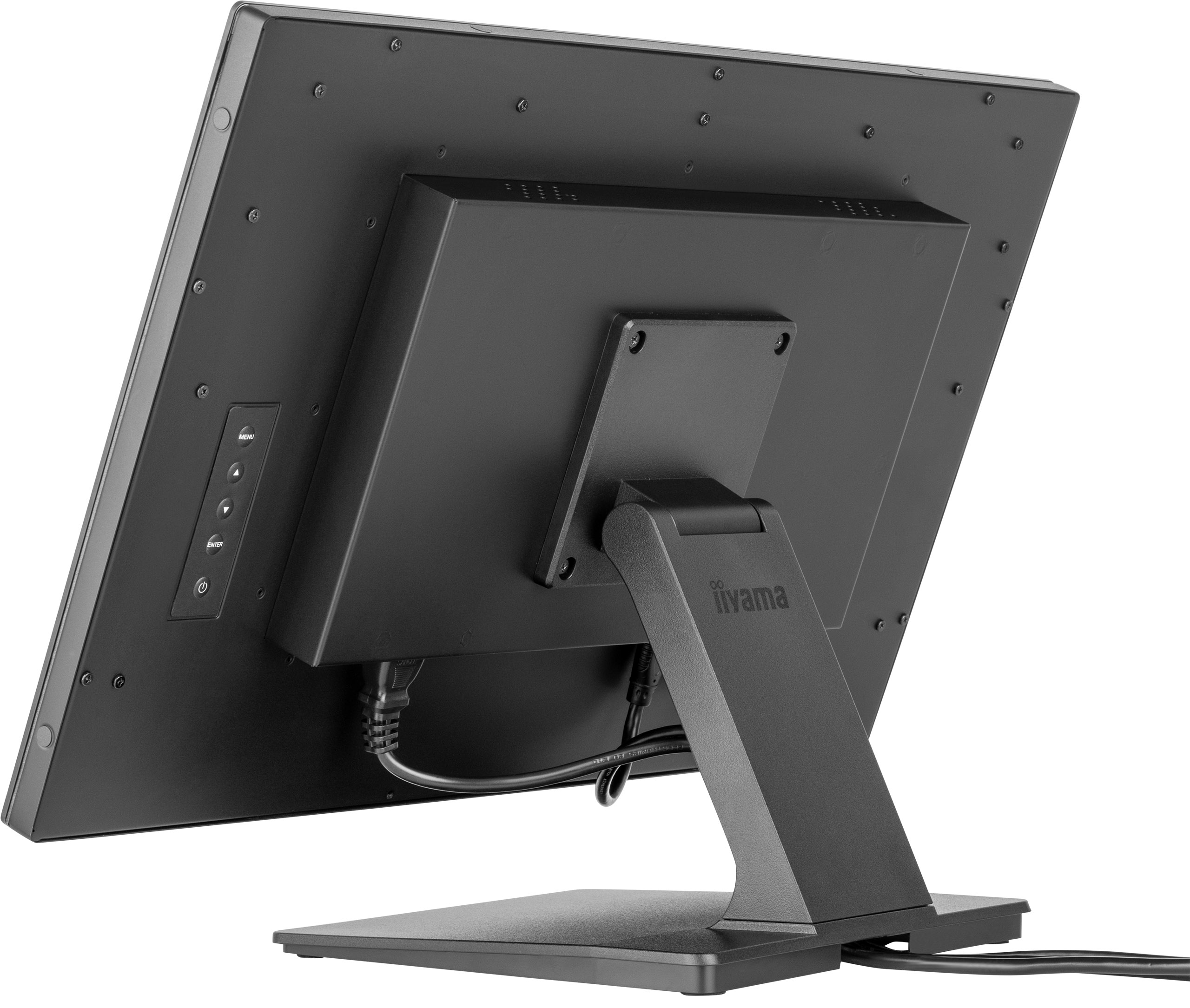 Schwarzer Computermonitor, geneigt, auf schwarzem Ständer. Rückseite mit Tasten und Netzkabel sichtbar.