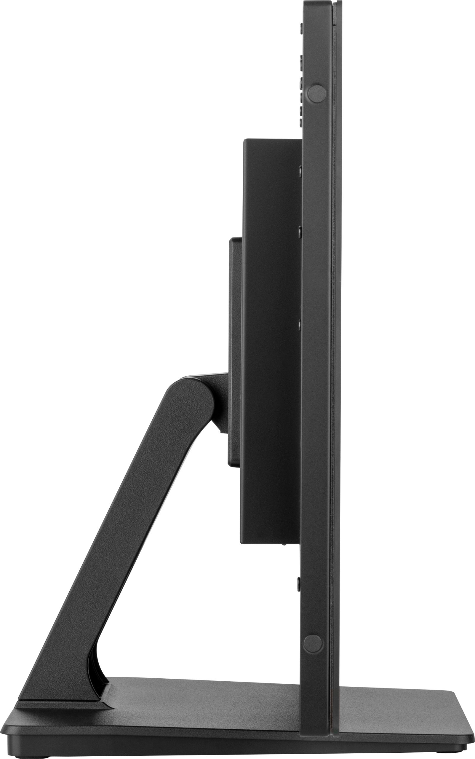 Seitenansicht eines schwarzen Computermonitors. Er hat einen Ständer, einen Bildschirm und Knöpfe auf der rechten Seite.