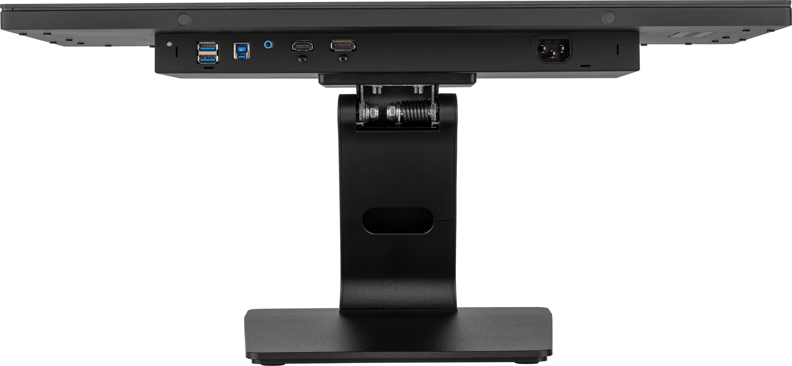 Rückansicht eines schwarzen Computermonitors. Anschlüsse und Stecker sind unten sichtbar. Auch der Ständer ist schwarz.