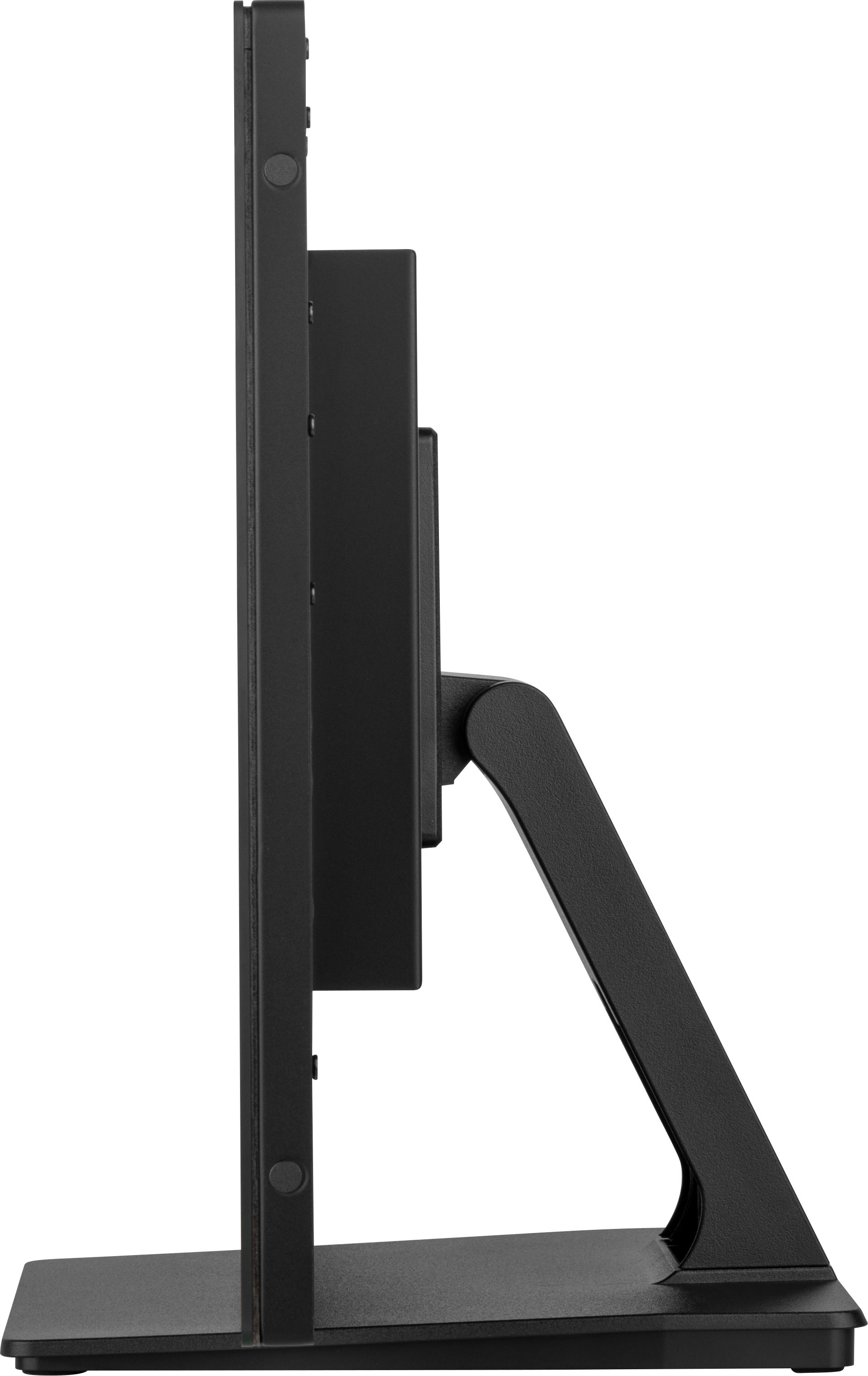 Ein schwarzer Computermonitor, Seitenansicht, mit einem Ständer. Der Bildschirm ist meist schwarz. Der Ständer ist auch schwarz.