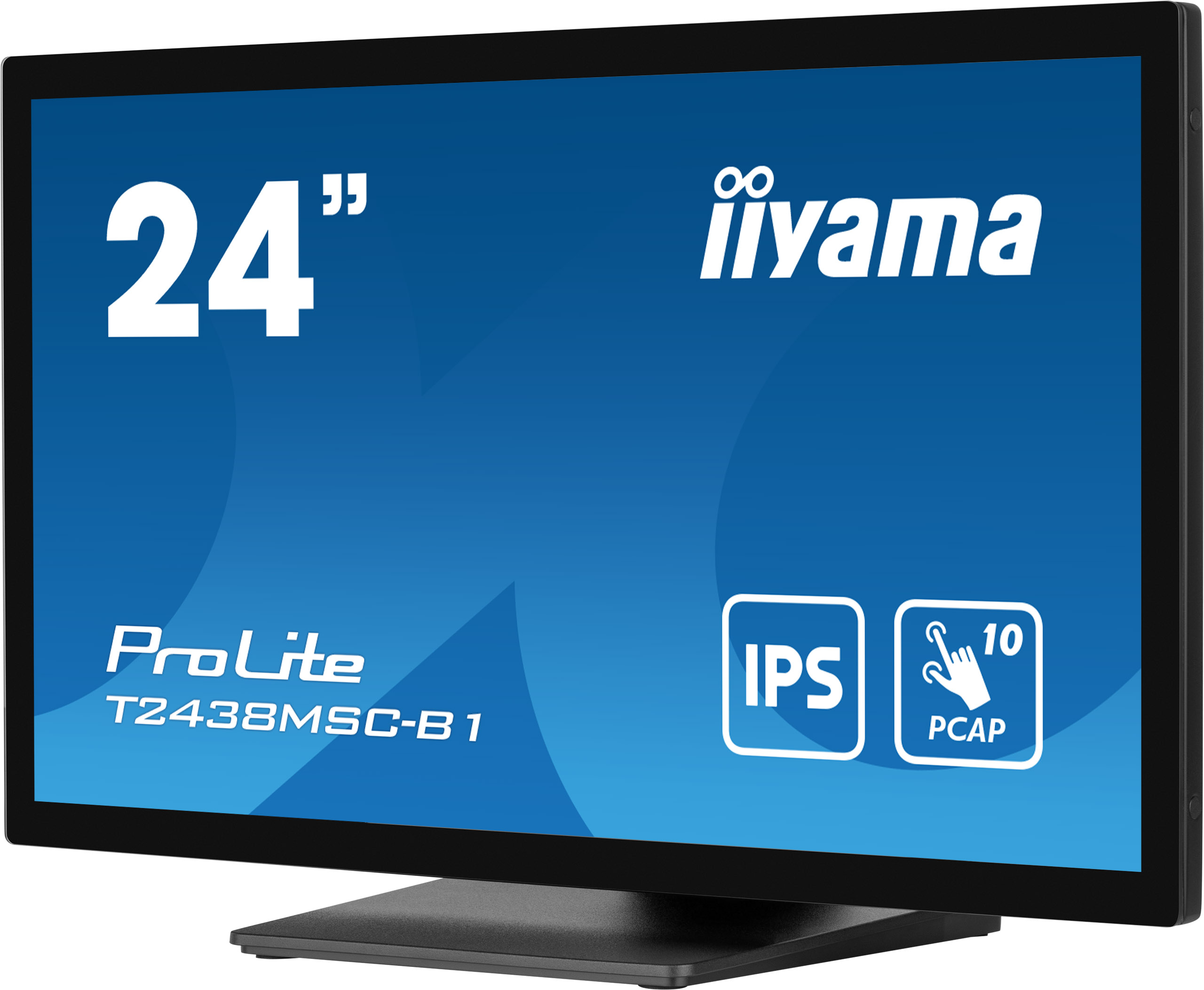 Ein 24-Zoll-Iiyama ProLite Monitor mit blauem Hintergrund. Zeigt IPS, PCAP und ein Touchscreen-Symbol.