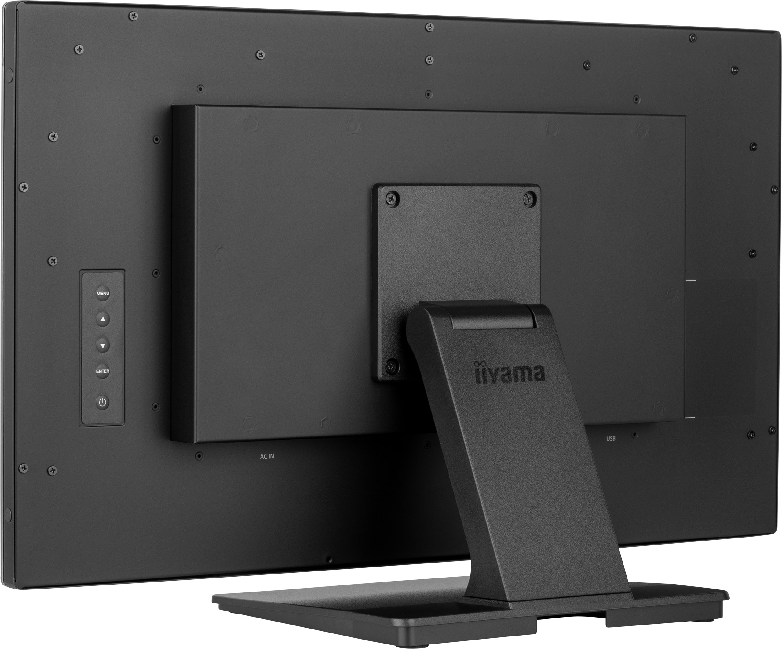 Rückseite des schwarzen Computermonitors. Mit Tasten, Ständer und Logo. Enthält AC IN, USB-Anschlüsse. Schrauben sichtbar.