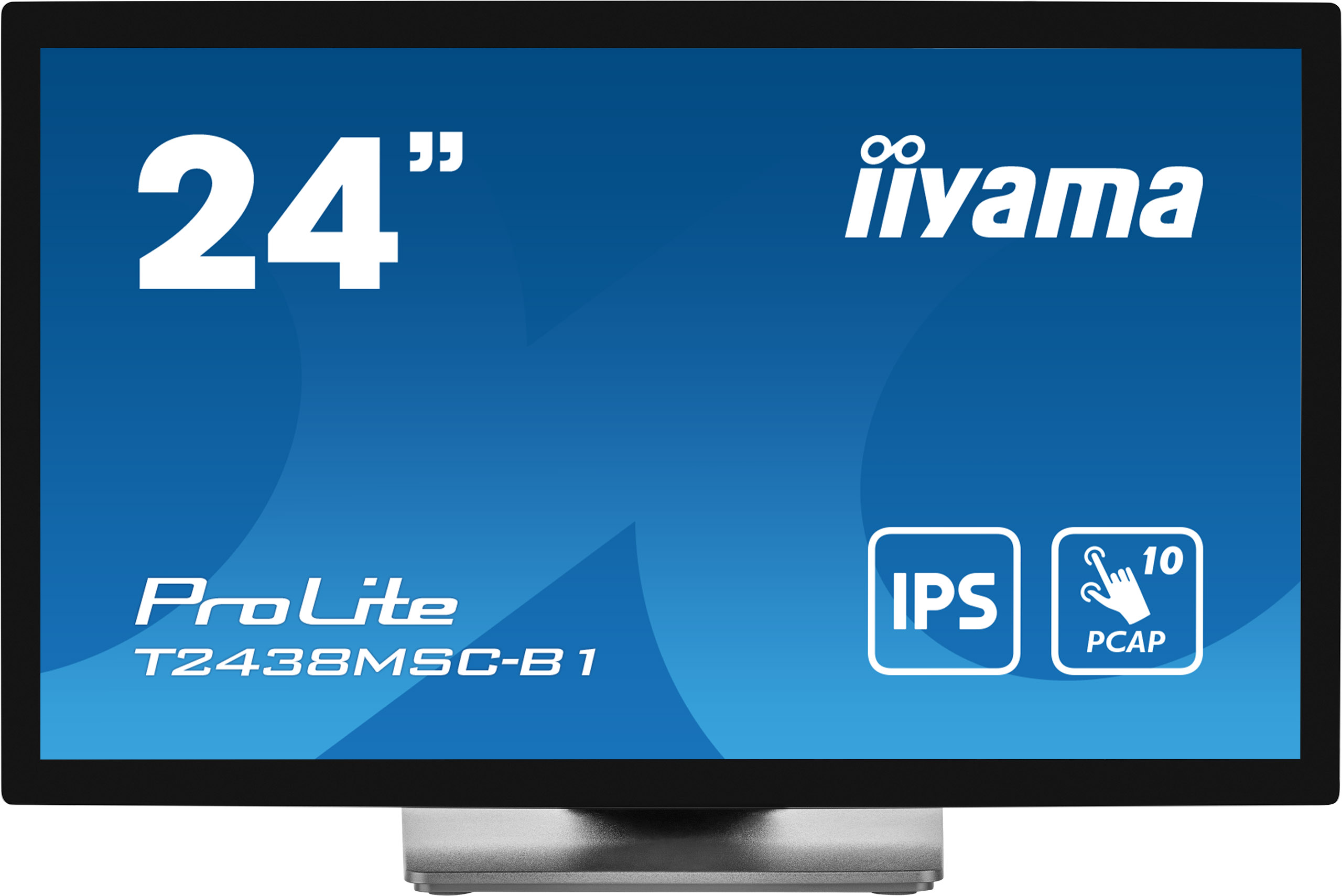 Ein Computermonitor mit schwarzem Rahmen. Er hat einen blauen Bildschirm mit weißem Text, der 24", iiyama, ProLite und PCAP anzeigt.