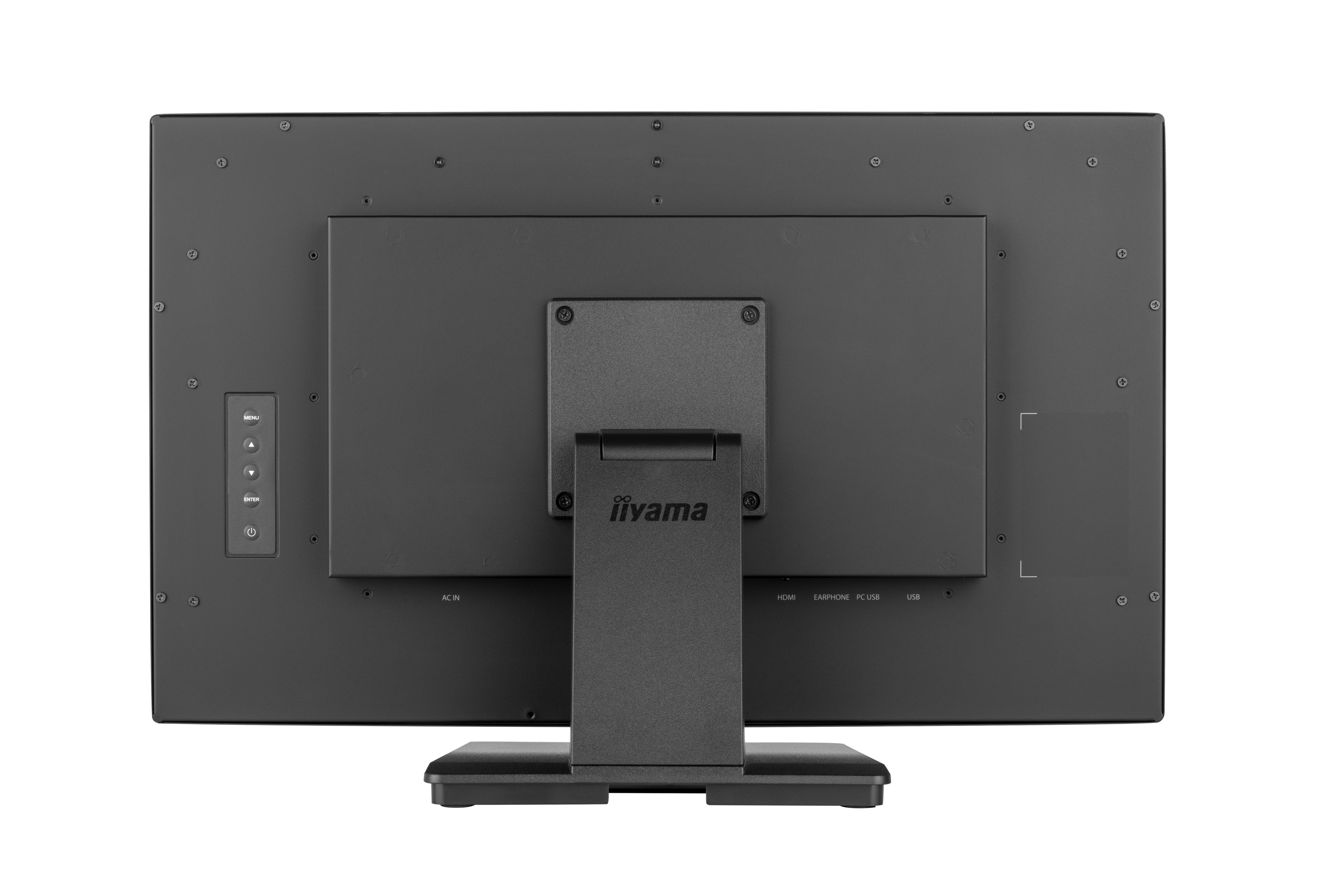 Rückansicht eines schwarzen Computermonitors mit Ständer. Anschlüsse sind HDMI, USB und Audio. Die Marke ist iiyama.