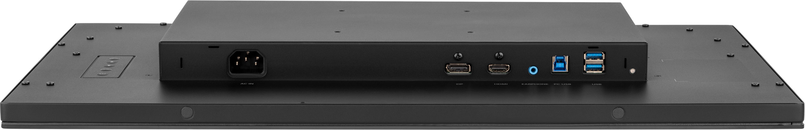 Schwarze Monitorrückseite mit Anschlüssen: DP, HDMI, USB, Kopfhöreranschluss und Stromeingang. Schrauben befestigen die Rückwand.