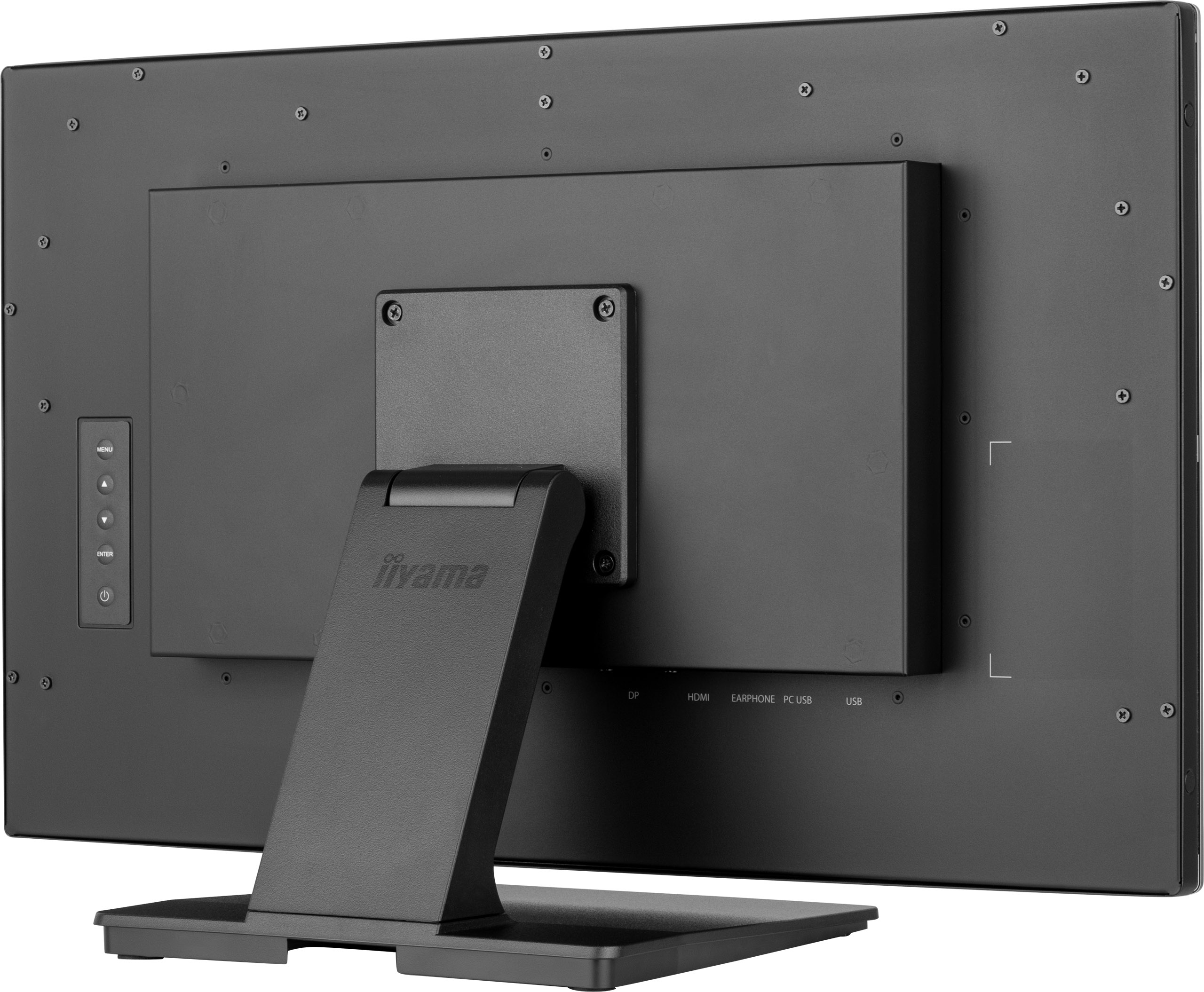 Rückansicht eines schwarzen Computermonitors. Er hat einen Ständer, Knöpfe und verschiedene Anschlüsse.